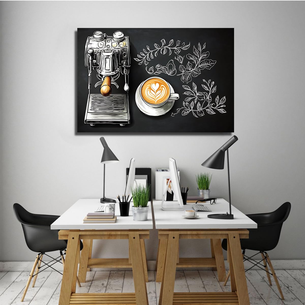 YUNART Dekoracja ścienna kawiarnia płótno oprawione sztuka ścienna vintage ekspres do espresso i latte wydruki na płótnie do kawiarni dekoracja domowego biura 35 x 52 cm Rama wewnętrzna