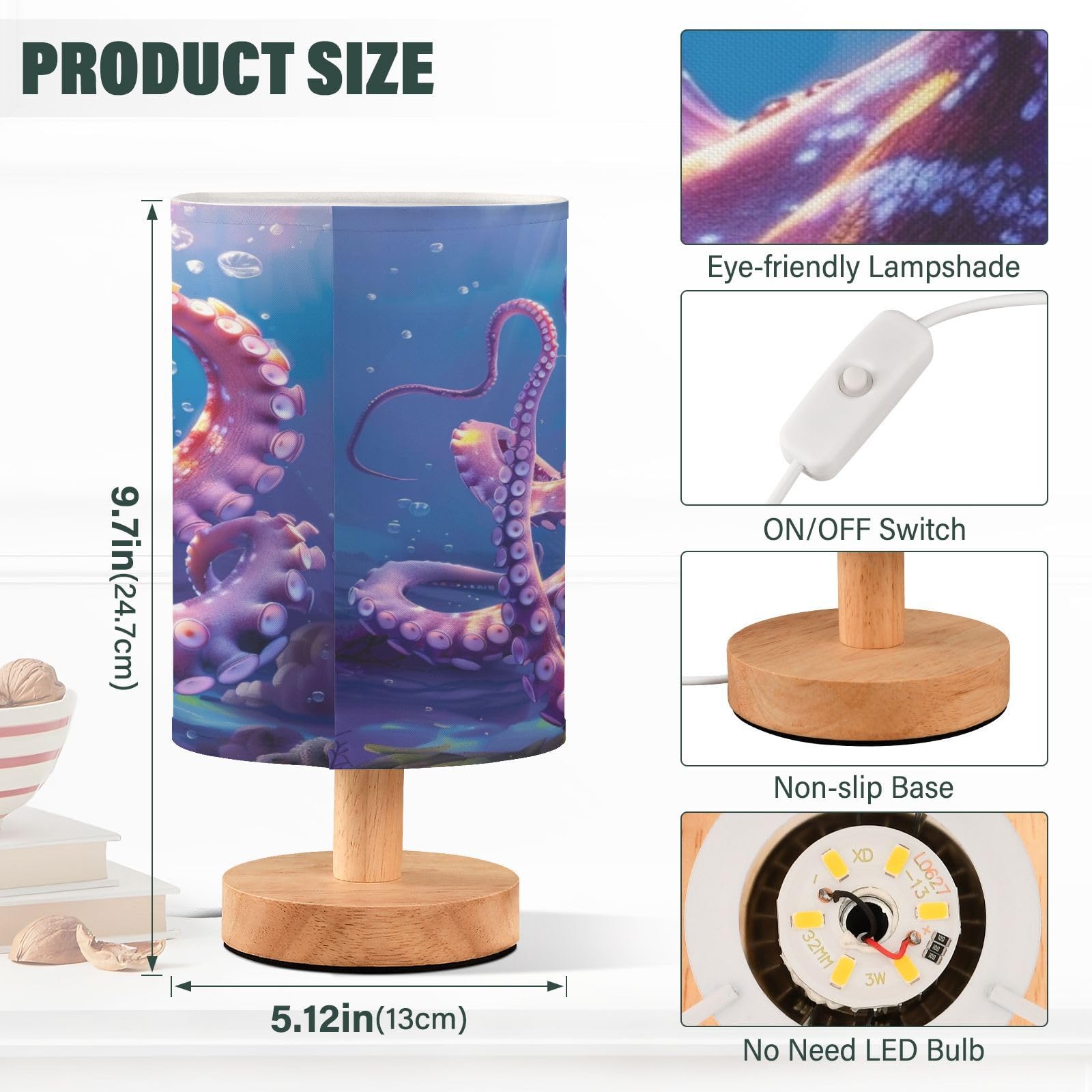 Mnsruu Bedside Table Lamp Octopus Ocean Animal Bedside Lamps LED Light Desk Lamp Fabric Shade Small Lamp for Bedroom Living Room (Bulb Included) - Image 3