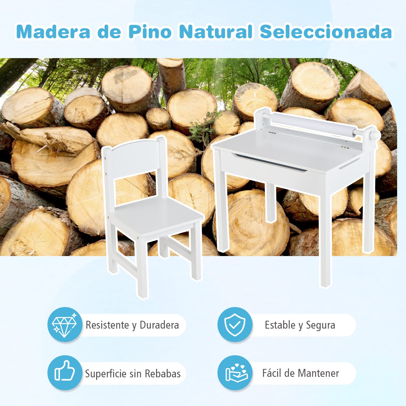 COSTWAY Juego de Mesa y Silla Infantil de Madera, Mesa de Actividades para Niños con Silla, Escritorio Infantil con Soporte para Rollo de Papel para Dibujar, Estudiar y Jugar (Blanco)