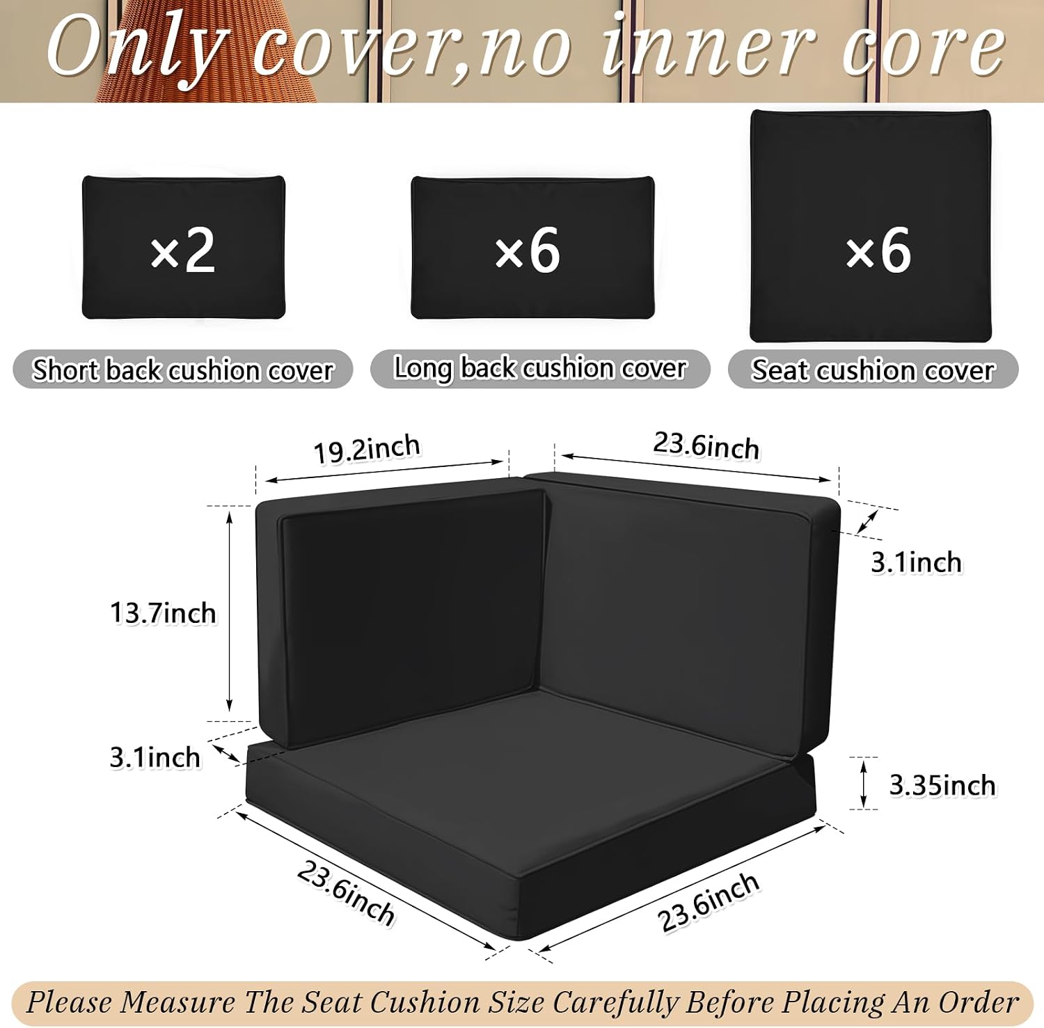 Patelai 14 Pcs Waterproof Outdoor Patio Cushion Covers Replacement 24 x 24 UV Proof Wicker Sofa Sectional Seat Slipcovers for Rattan Sectional Set Supplies, Covers Only (Black)