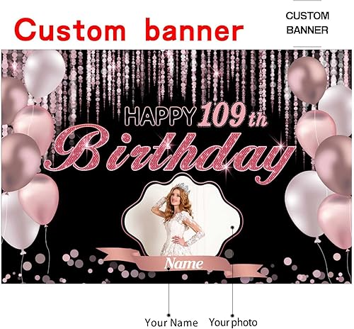 Miniatura 2 de Cartel de decoración de feliz cumpleaños número 109 de oro rosa personalizado  Tamaño grande, personalización con nombre y foto compatible