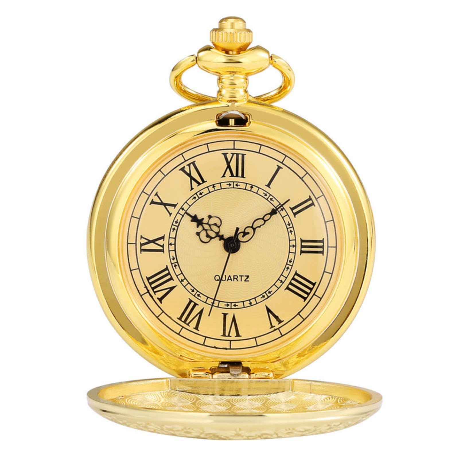 Orologi da Tasca, Orologio da Tasca al Quarzo con Scudo, Orologio Uomo, Numeri Romani, Catena, Regalo(Golden)