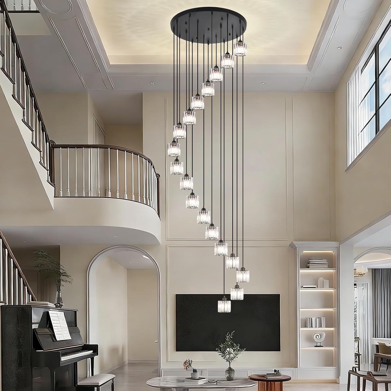Long Raindrop Crystal Chandelier for High Ceilings Modern Crystal Long Pendant Light, Staircase Foyer Entryway Pendant Light,Raindrop Drop Lamp, Large 23.6" Black Ceiling Plate18 Lights