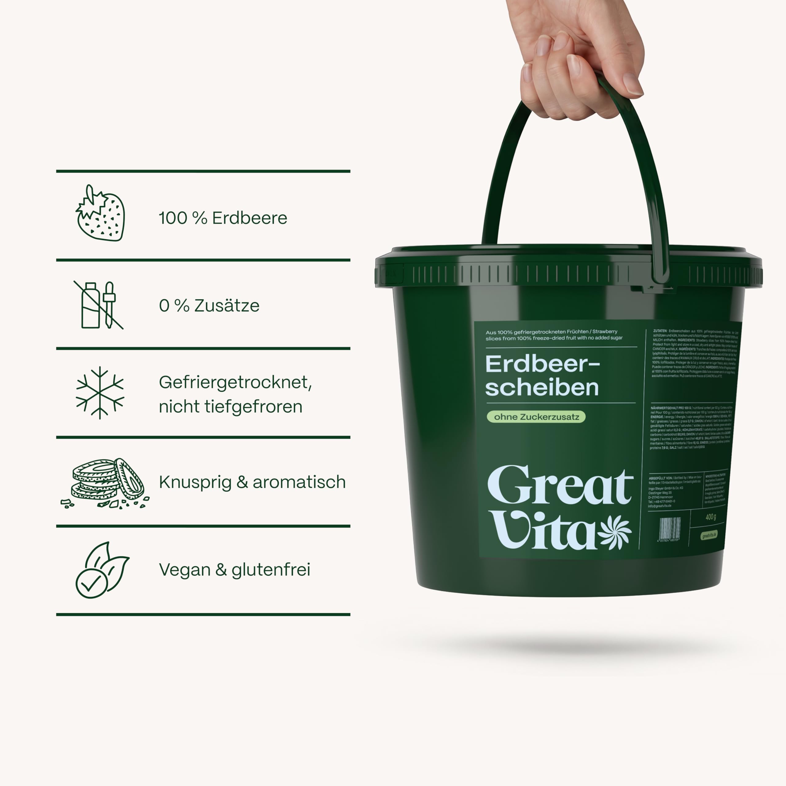 GreatVita Gefriergetrocknete Erdbeeren 400g - Knusprige Erdbeerscheiben ohne Zuckerzusatz - Gefriergetrocknete Früchte - Freeze-Dried Strawberries - Snack & Topping für Müsli, Joghurt & Smoothies