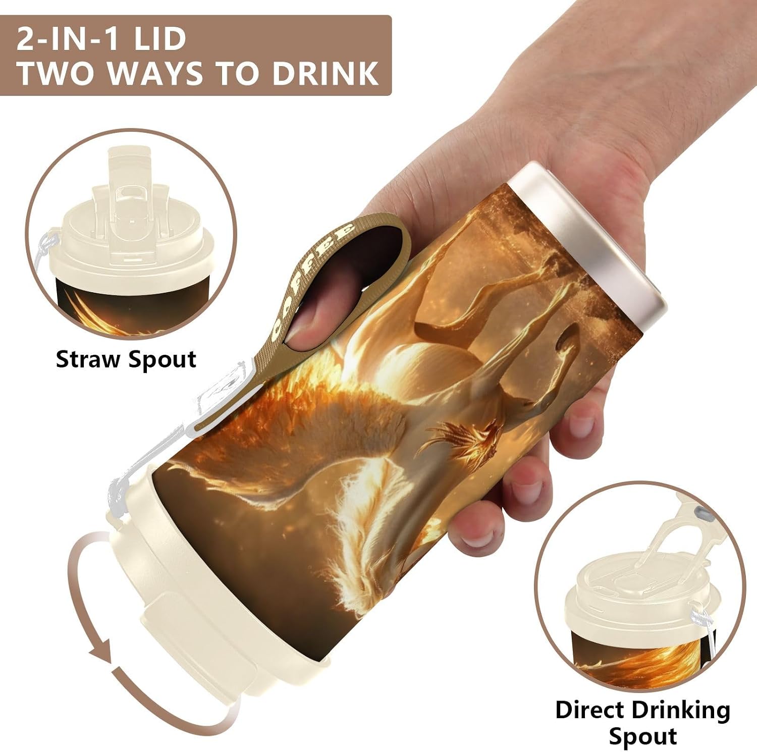 Horse Wings White Insulated Coffee Mug with Straw & Flip Lid, 16.9oz Iced Tumbler Cup, Double Wall Vacuum Leak-Proof Mug for Travel Office