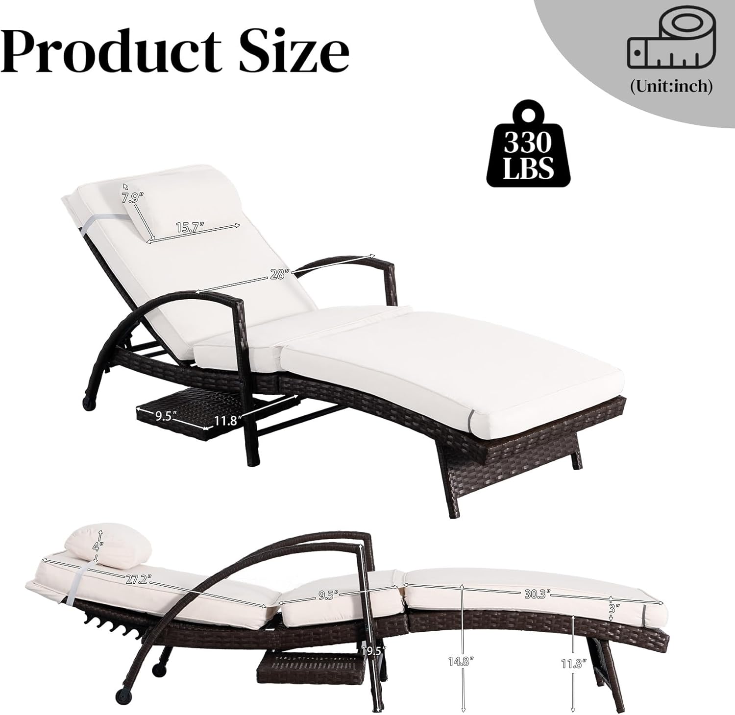 Chaise Lounge Chairs Set of 2, 6-Position Adjustable Outdoor Recliner with Side Table & Wheel,All-Weather PE Rattan Wicker Patio Lounge Chair With Removable Cushion for Poolside Backyard Beach (White)