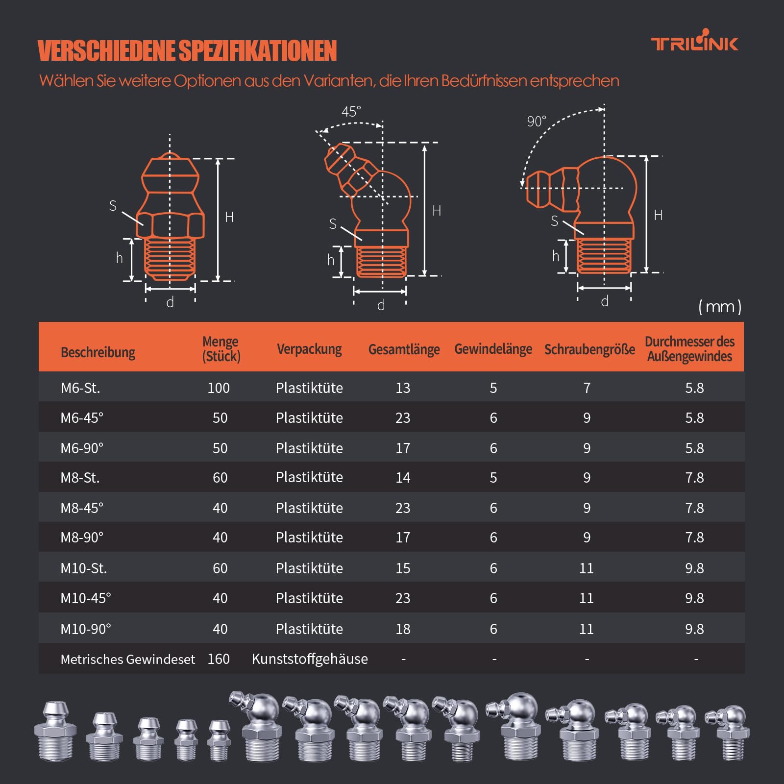 TRILINK Schmiernippel Sortiment Kit - 160 Stück M6, M8, M10 metrische Schmier fittings mit geraden, 45- und 90-Grad-Winkeln, inklusive Schraubenschlüssel - Ideal für Automotive und Landwirtschafts
