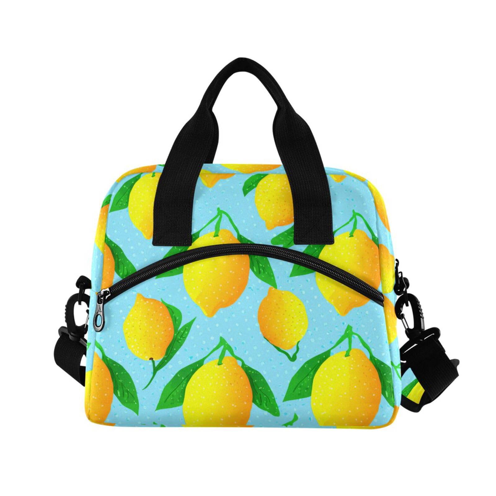 Sinestour Insulated Lunch Bag Reusable Cooler Lemon Leaves Lightblue Lunch Box Adjustable Shoulder Strap for Adults School Office