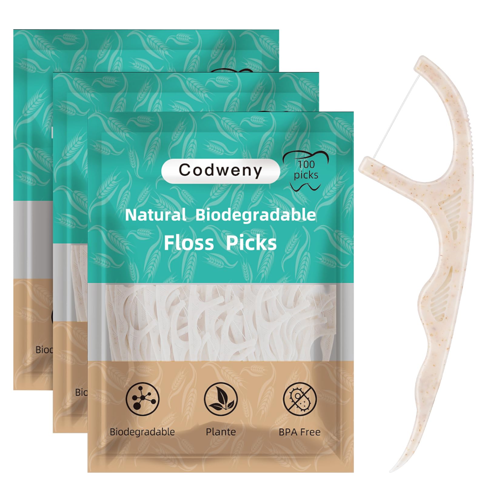 Palillos de hilo dental biodegradables, 300 unidades, mango a base de plantas veganas, respetuoso con el medio ambiente, limpieza suave para niños y adultos en las encías (300)