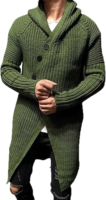 YAODAMAI Men's Autumn and Winter Long Hooded Knitted Cardigan Jacket Fashion Casual Solid Color Button Sweater Jacket