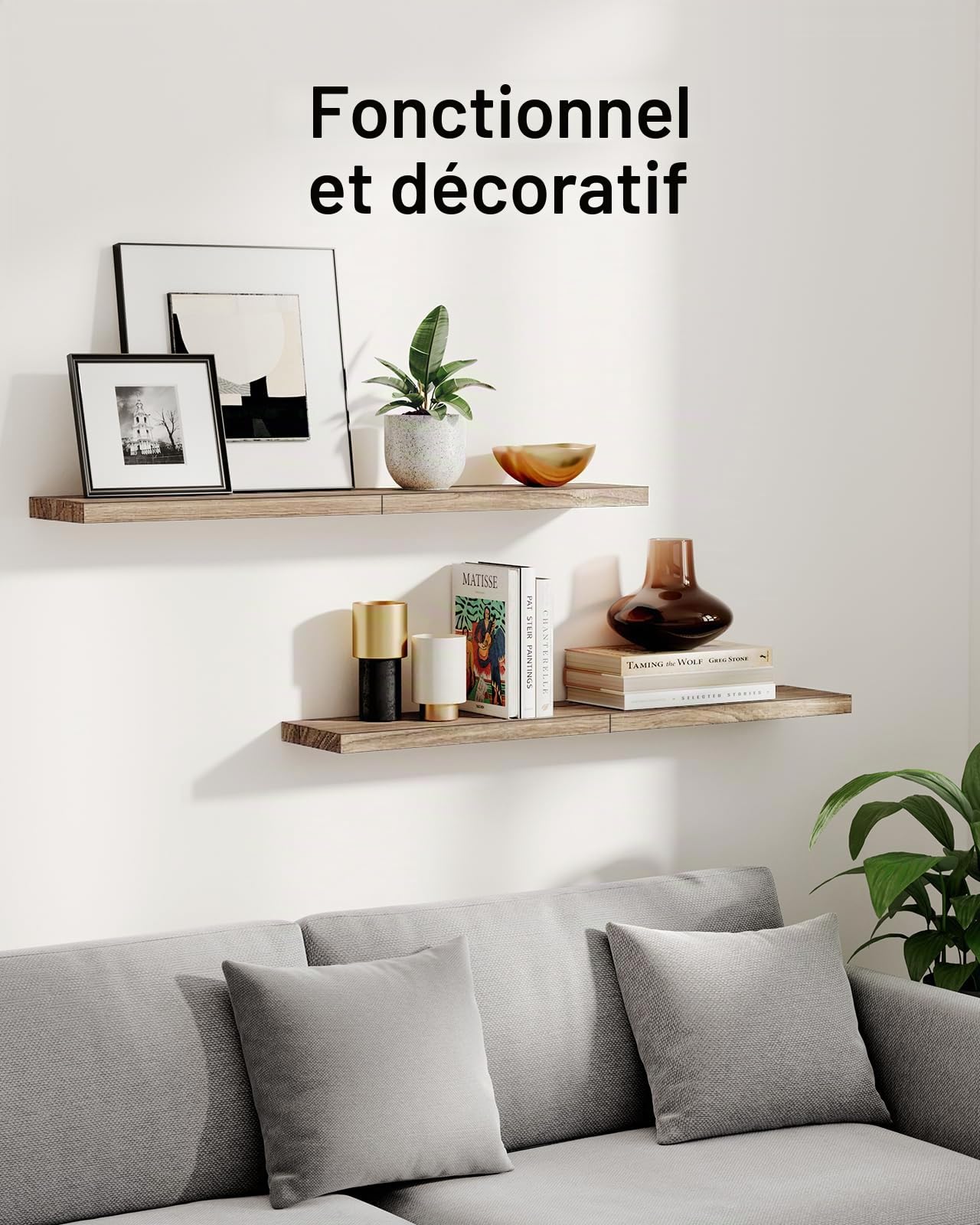 Pipishell Étagères Murales, Etagere Murale de 40 cm, étagères murales en Bois de Paulownia, Ensemble de 4 étagères en Bois pour Salle de Bain, Chambre, Bureau, Salon, Cuisine, etc. (Brun Clair)