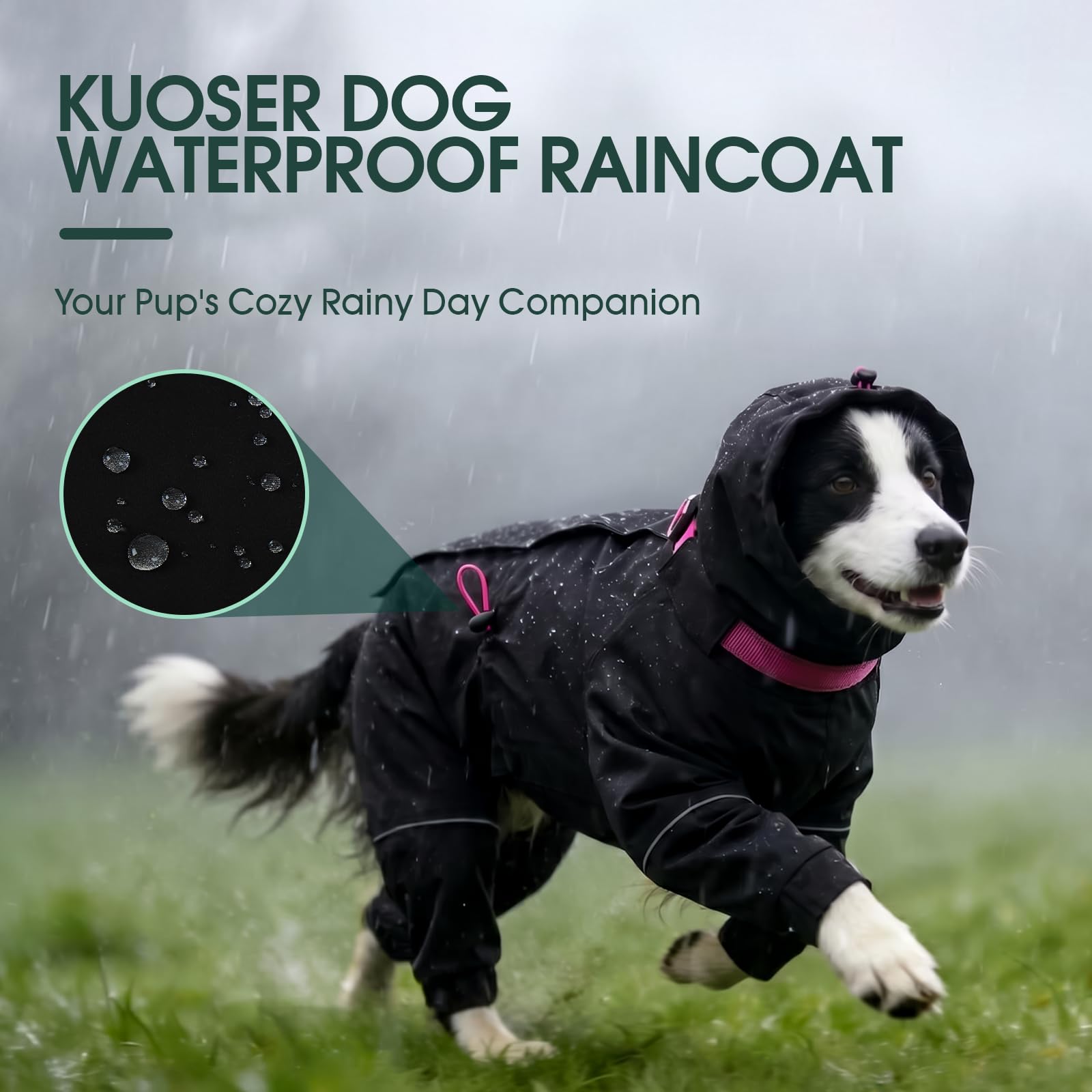 Kuoser Manteau de pluie imperméable pour chien avec capuche réglable Noir Taille XL | Manteau de pluie léger et respirant pour chien avec 4 pattes et col haut réglable réfléchissant