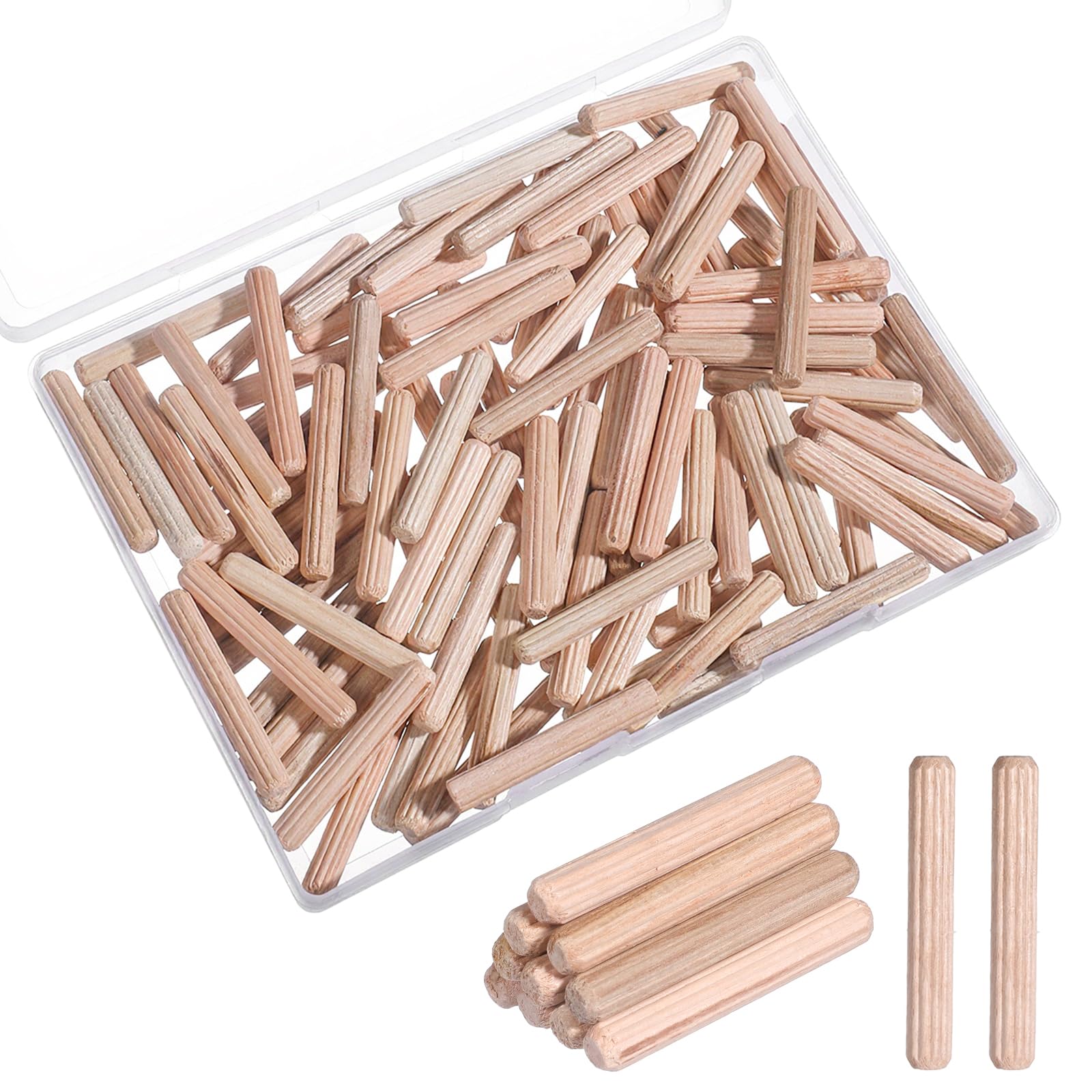 100 Pcs 1/4" Wood Dowel Pins, 1/4" x 1 1/2" Fluted Hardwood Dowel Pins Straight Grooved Wood Pegs for Furniture, Model Building and Woodworking