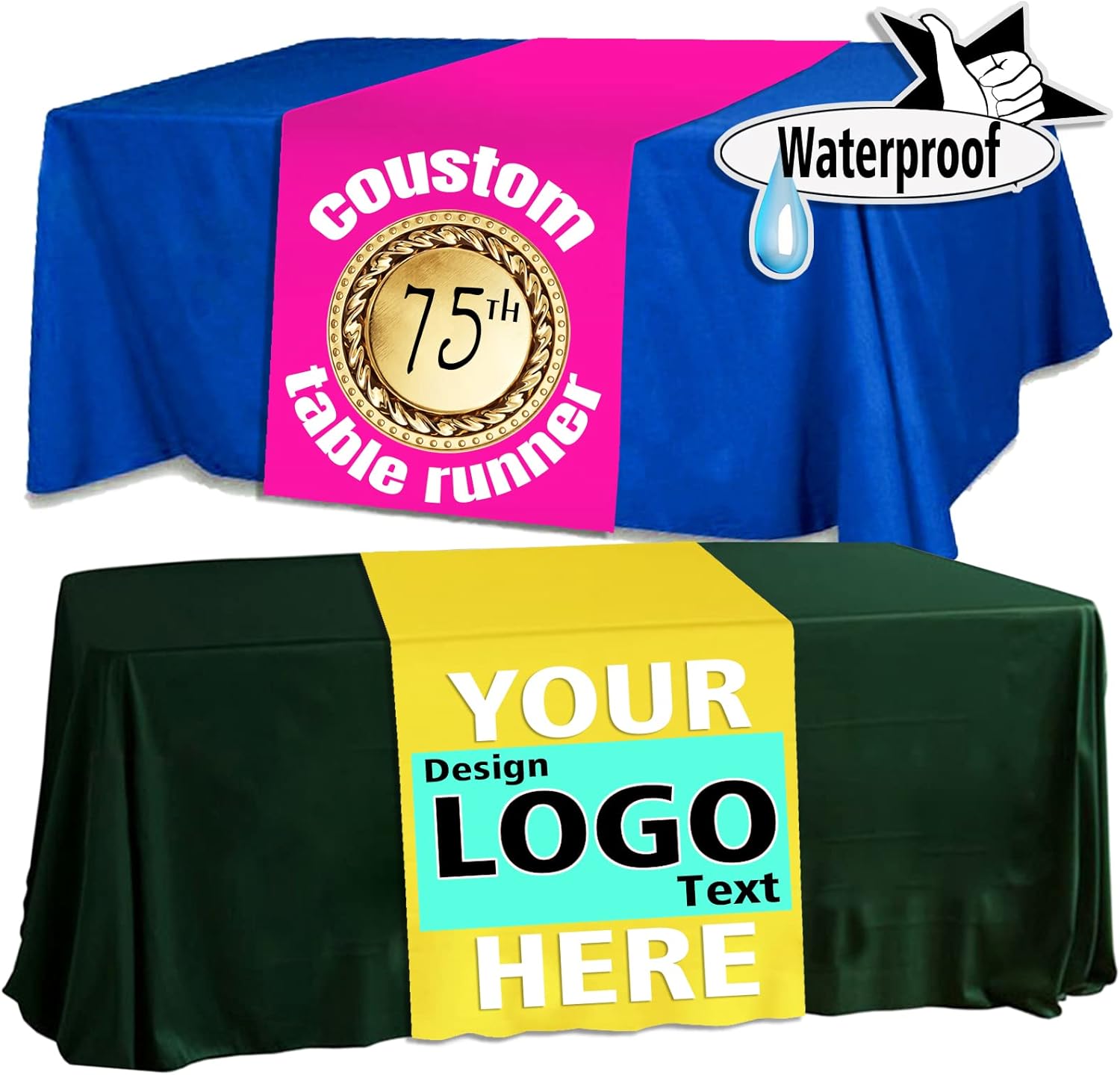 Custom Tablecloths with Business Logo or Text, Personalized Tablecloth signs for Vendor Party