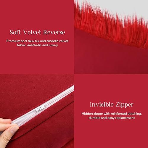 Miniatura 4 de Phantoscope Juego de 2 fundas de cojín de piel sintética de Navidad, fundas de cojín decorativas suaves y peludas para cama y sofá, color rojo, 18 x