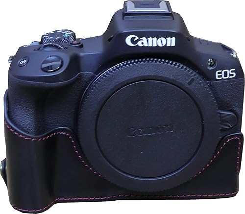 Miniatura 6 de Funda R50, hecha a mano de piel sintética para media cámara, versión de apertura inferior para Canon Eos R50 con correa de mano (marrón)