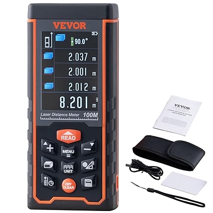 VEVOR Laser Measure, 328 Feet Laser Measurement Tool, Laser Distance Meter with Electronic Angle, M/Ft//in Unit Switching, 2.4'' Colorlit Screen, Measure Distance/Area/Volume, Pythagorean Mode