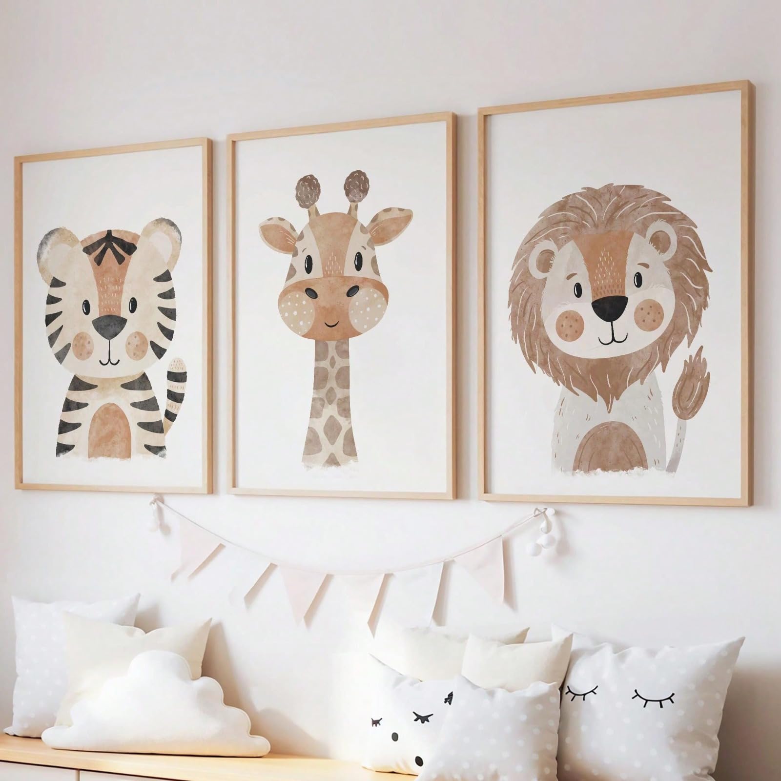 ZBELLO Set of 3 Neutral Watercolor Safari Animal Wall Art Prints, Tiger Giraffe & Lion Posters, Boho Nursery Decor for Baby Bedroom, Unframed (21x30cm)