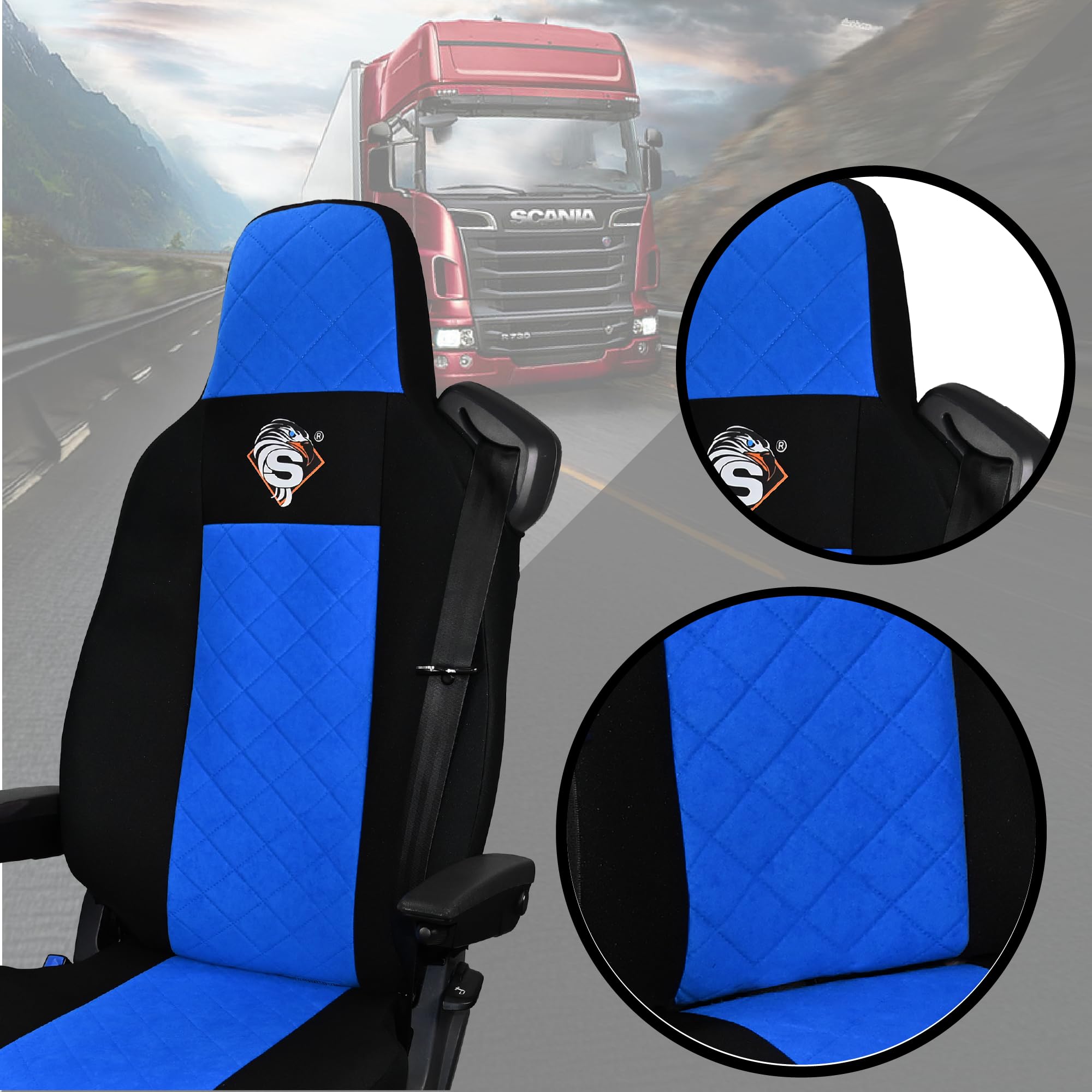SABA Funda de Asiento para Scania Serie R Desde 2013, Serie S Desde 2017, Asientos Dobles, Asiento del Conductor Premium, Asiento del Pasajero BÁSICO - CONFIGURACIÓN E Azul