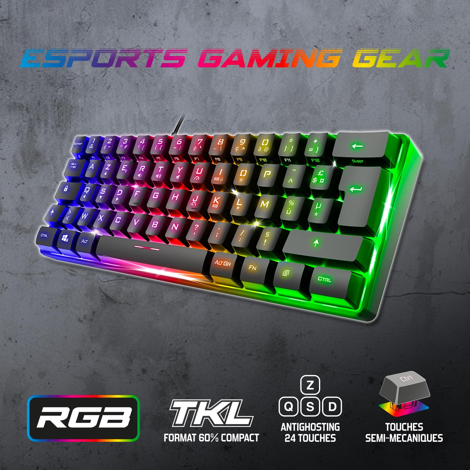Spirit Of Gamer - Pro K2, Clavier Gamer Filaire Semi-Mecanique, Format Compact TKL 60%, 62 Touches Dont 24 Anti-Ghosting, Rétro-éclairage RGB Arc-en-Ciel, Hauteur réglable, Noir
