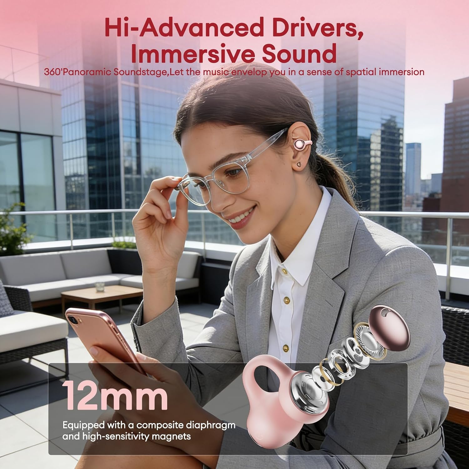 PAXA 2026 Open Ear Clip On Earbuds with LED Display, Ultra-Light Comfort Bluetooth 6.0 Wireless Clip On Ear Buds 50H Playtime Responsive Touch for Women Girl Work, Fitness, Daily Use, MGC11 Rose Gold