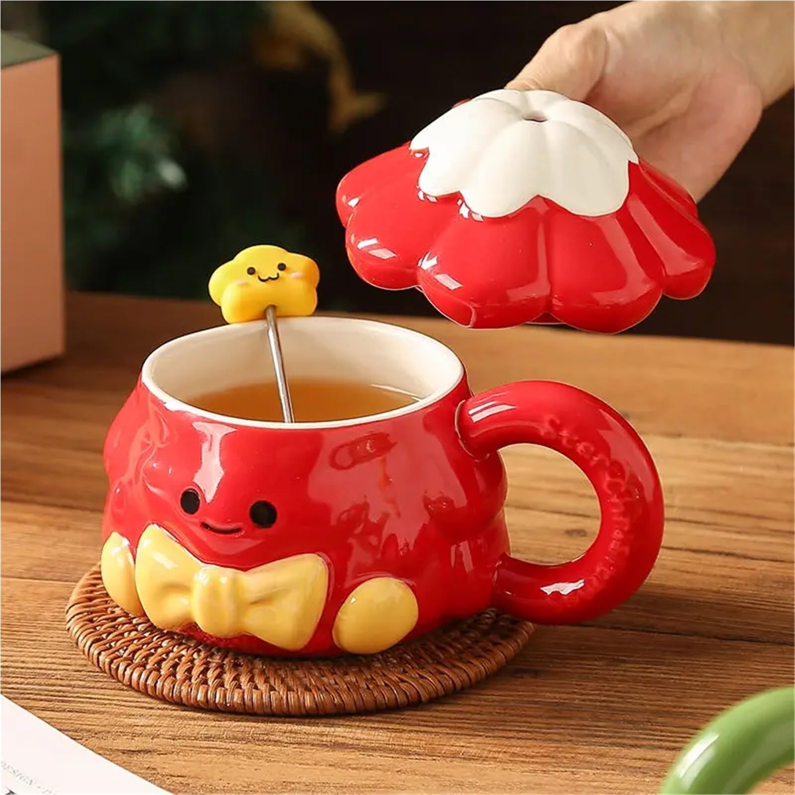 Taza de cerámica de árbol de Navidad, palito for mezclar, taza de pareja con tapa, recuerdo de cumpleaños de 420ml, 2 uds. Para Boda