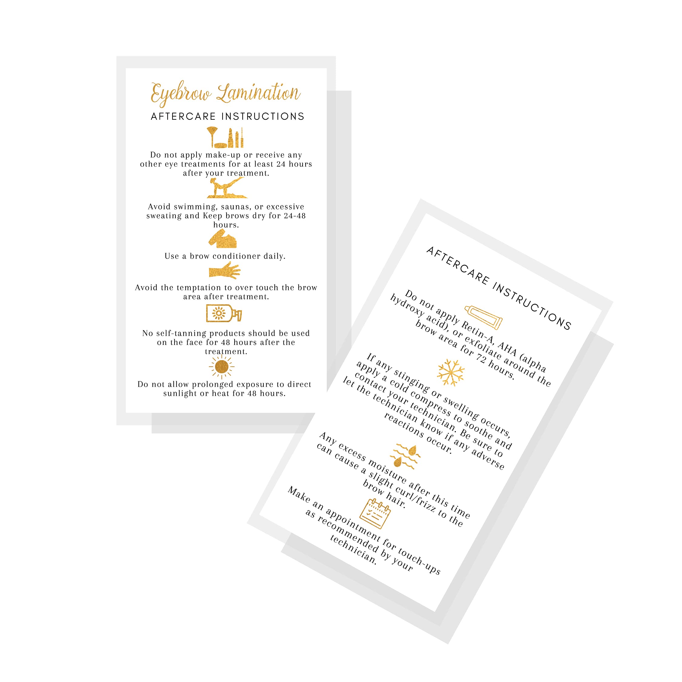 Boutique Marketing LLC Eyebrow Lamination Aftercare Cards | 2x3.5” inch Business Card Size | Starter Lift Kit with Tint at home diy aftercare supplies | White with Non-Metallic Gold Colored Design