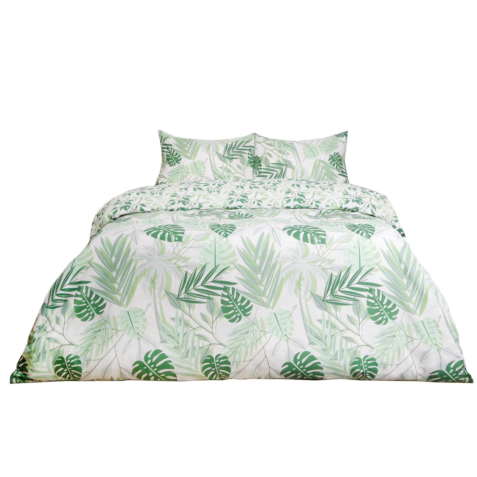 Dreamscene Tropical Palm Leaf Duvet Set with Pillowcase, Double Duvet Cover Set, Floral Bedding Double Bed Set, Soft Quilt Cover, Reversible Palm Leaves Design, Polycotton - Sage Green, 200 x 200cm
