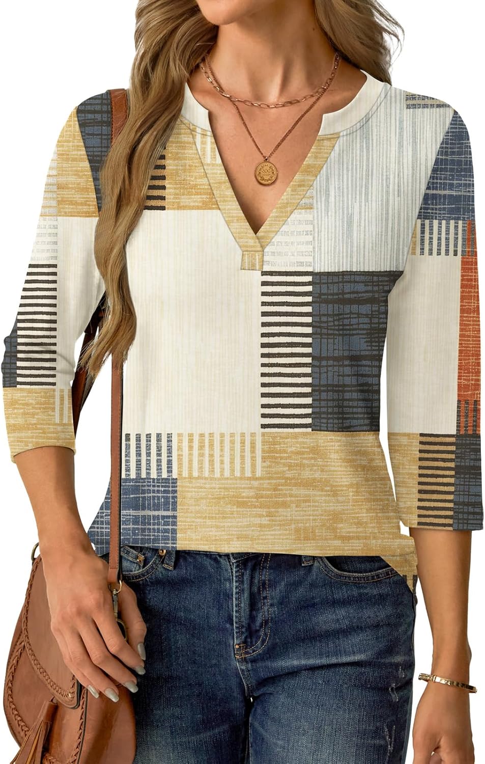 Womens Tops 3/4 Sleeve V Neck Spring Summer Work Tunic Shirts Business Dressy Casual Blouses - Image 2