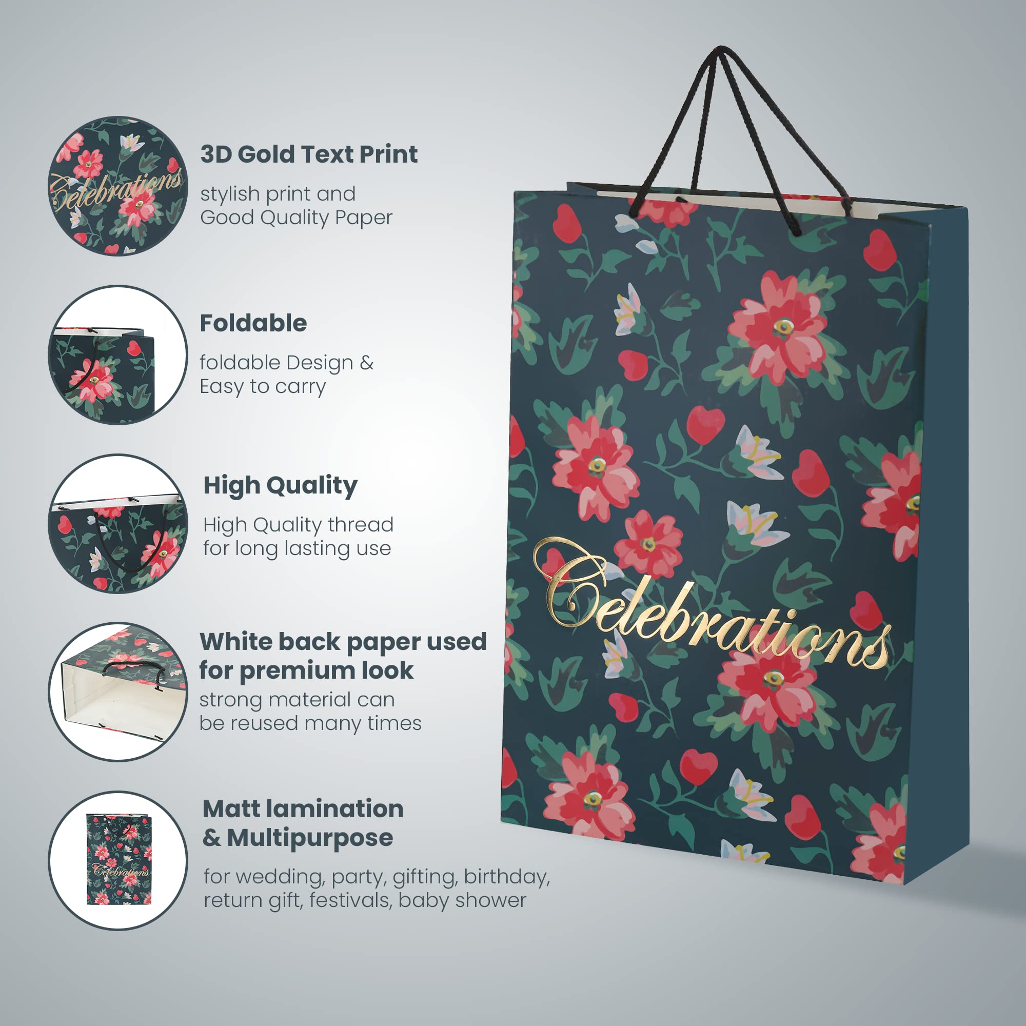 FONSIE Celebrations Jumbo opakowanie 5 szt. papierowych torebek na prezent, na powrót, baby shower, ślub, urodziny, prezenty festiwalowe, uniwersalna (43 x 30 x 11 cm) torba