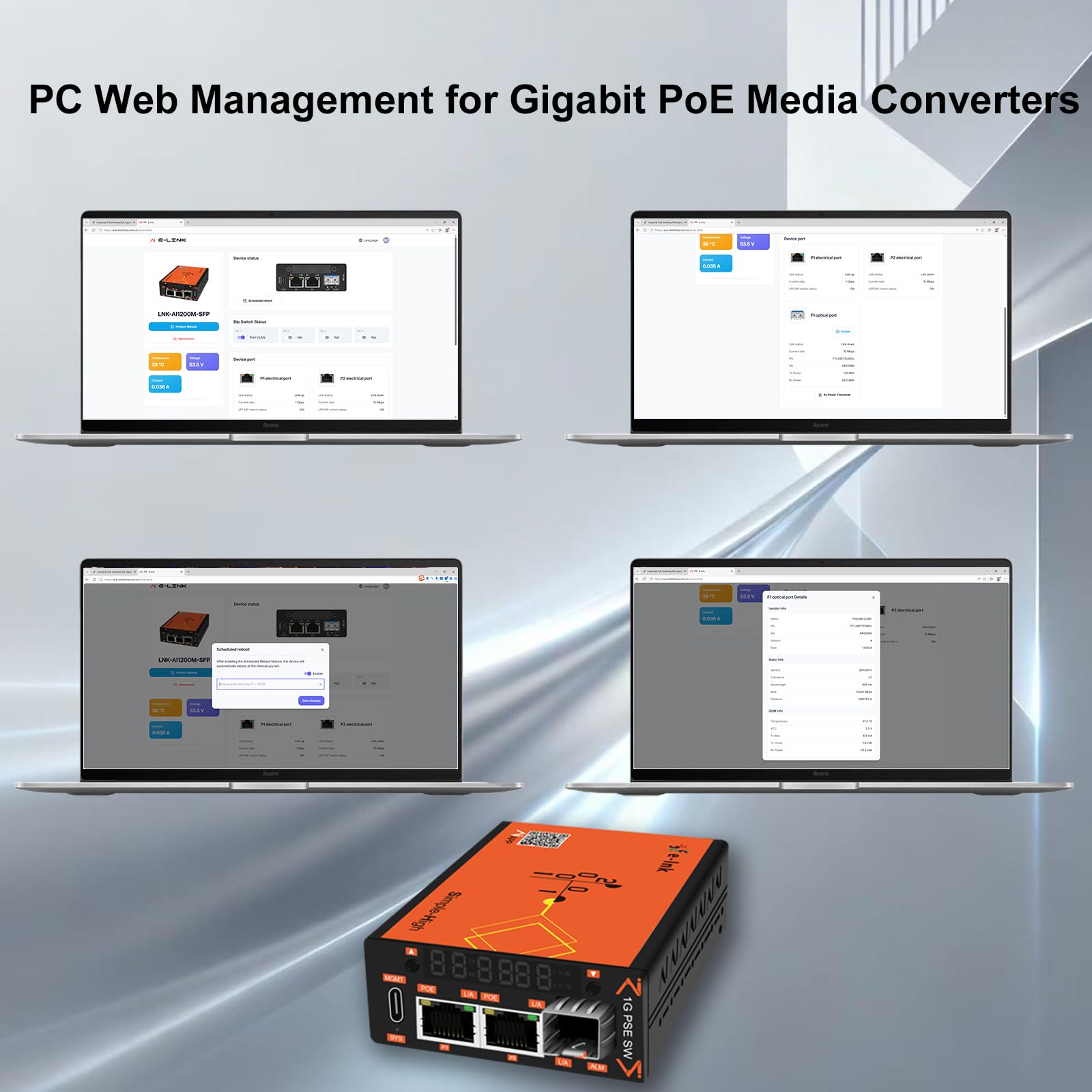 Convertisseur de média en fibre PoE 30 W géré intelligemment visualisé, 10/100/1000 Mbps, 2 × PoE RJ45 1 × SFP, écran LED, DIP VLAN, contrôle APP/Web, alarme DDM, pour autoroute, transport ferroviaire
