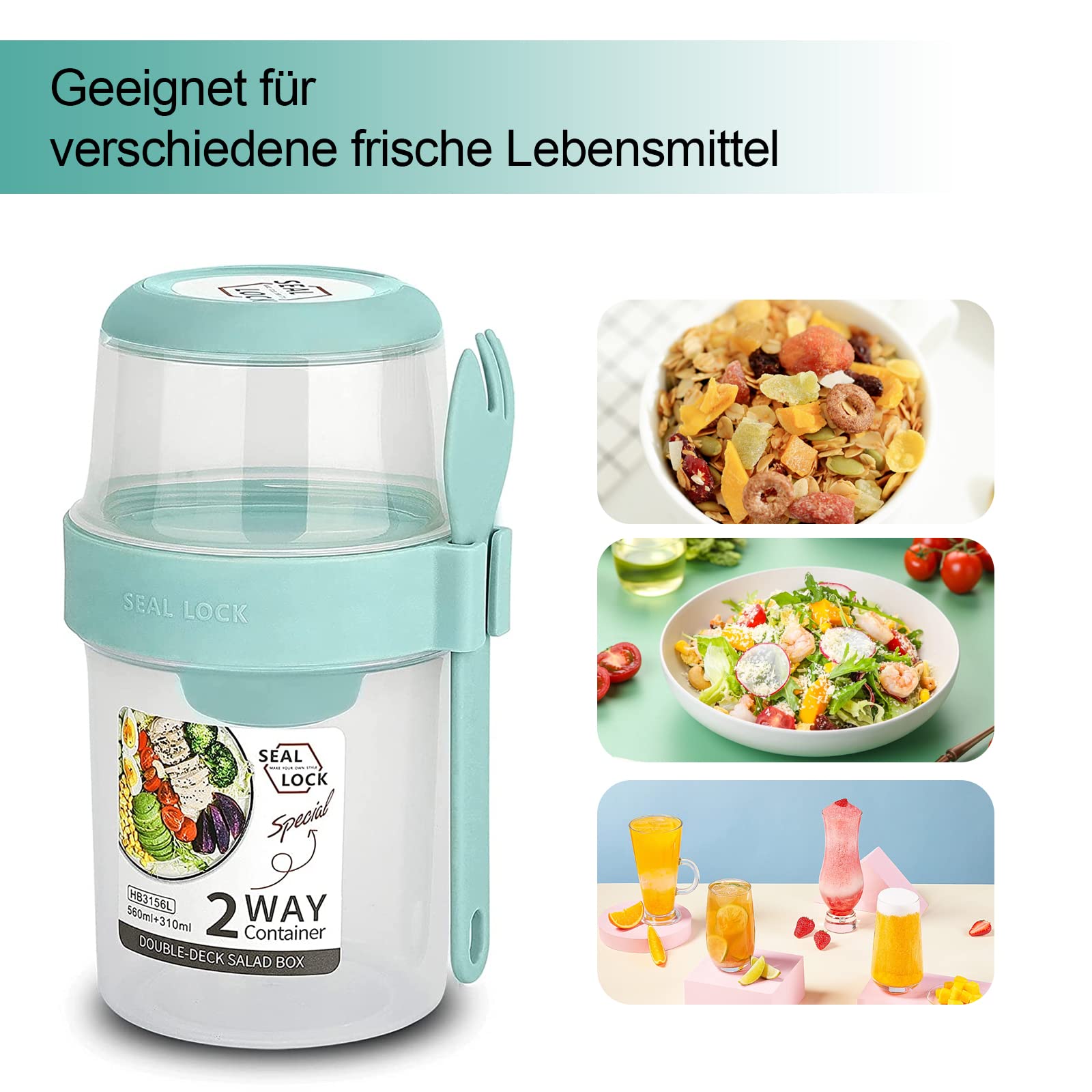 bainuote Gobelet à yaourt 2 en 1 - Gobelet à céréales à emporter - Anti-fuite - 310 ml + 560 ml - Sans BPA - Pour le petit-déjeuner ou le déjeuner en