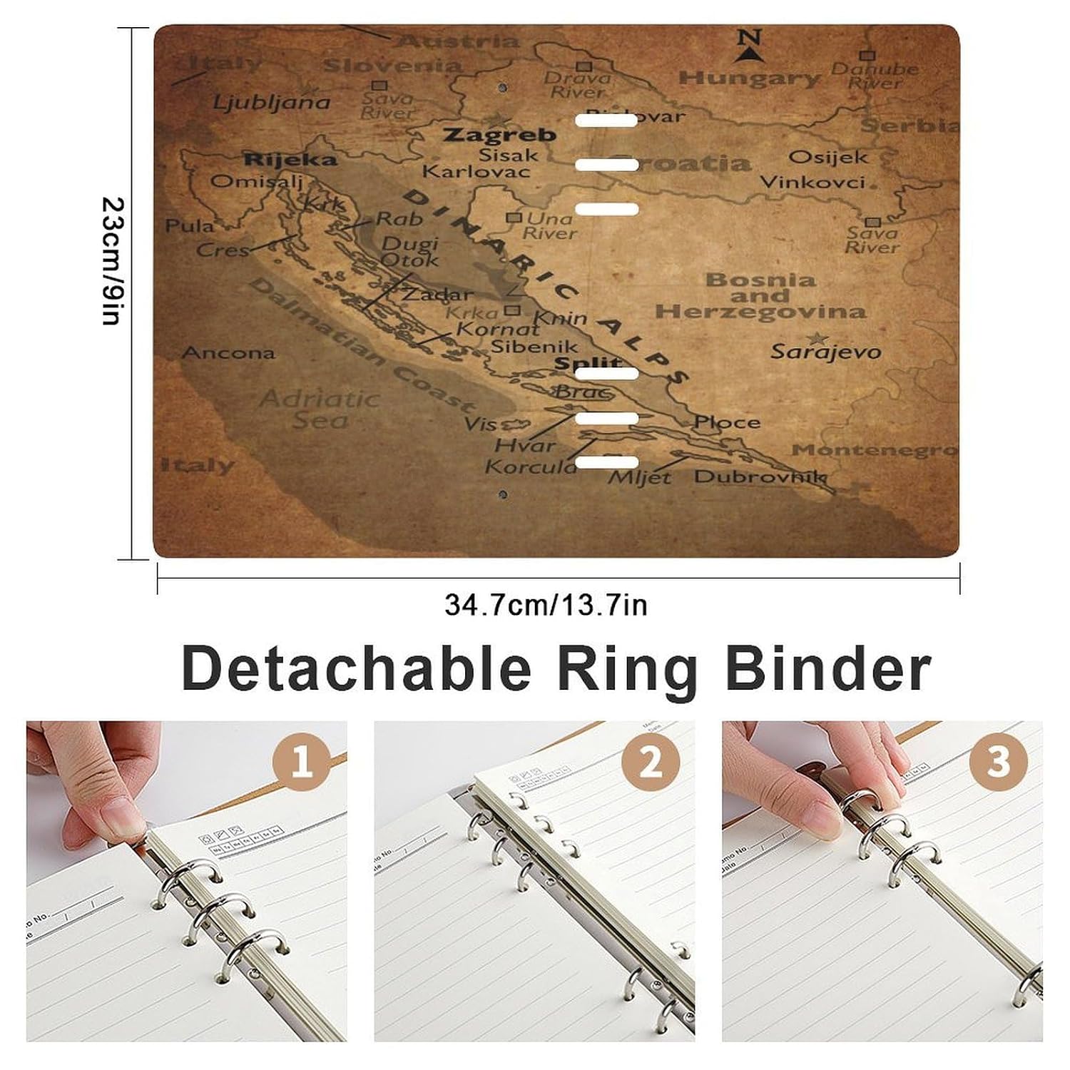 Puxufody Vintage Maps of Croatia Loose-Leaf Memo Book,6 Ring Planner Binder PU Leather Loose Leaf Notebook 90 Pages