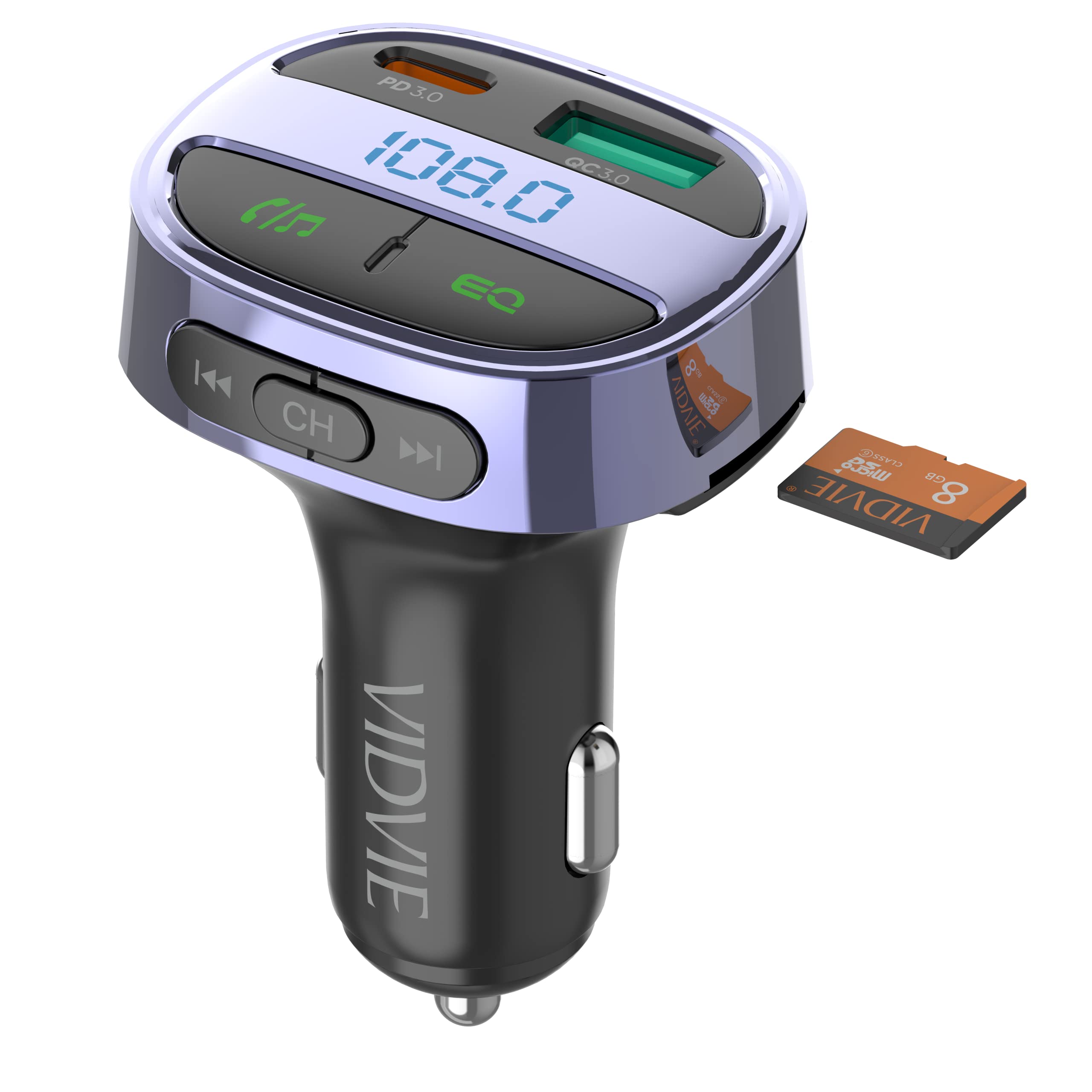 VIDVIE FM02 FM Transmitter for Car, Bluetooth Car Transmitter with Dual USB-A and USB-C Fast Charging Ports and Lossless Sound Quality Hands-Free Calling and SD Card Slot