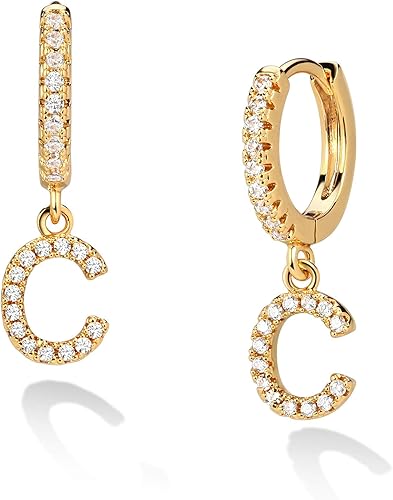 VACRONA Initial Earrings Dainty CZ Huggie Earrings 14k Gold Hoop Earrings Tiny C