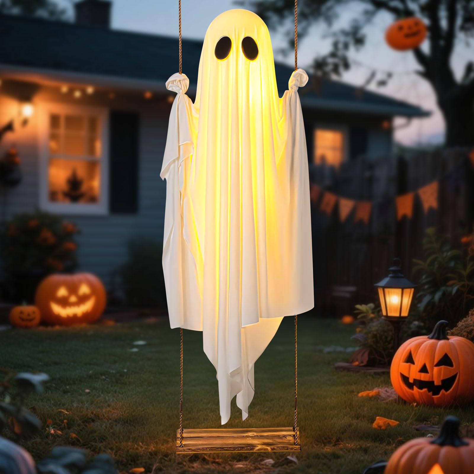 Halloween Deko Geister Hängend, 100CM Geist Deko mit Lichterkette Hängende Schaukel Geister mit Fernbedienung Halloween Deko Outdoor Gespenst mit Led Lichter Gruselige Ghost für Veranda Hof Baum (A)