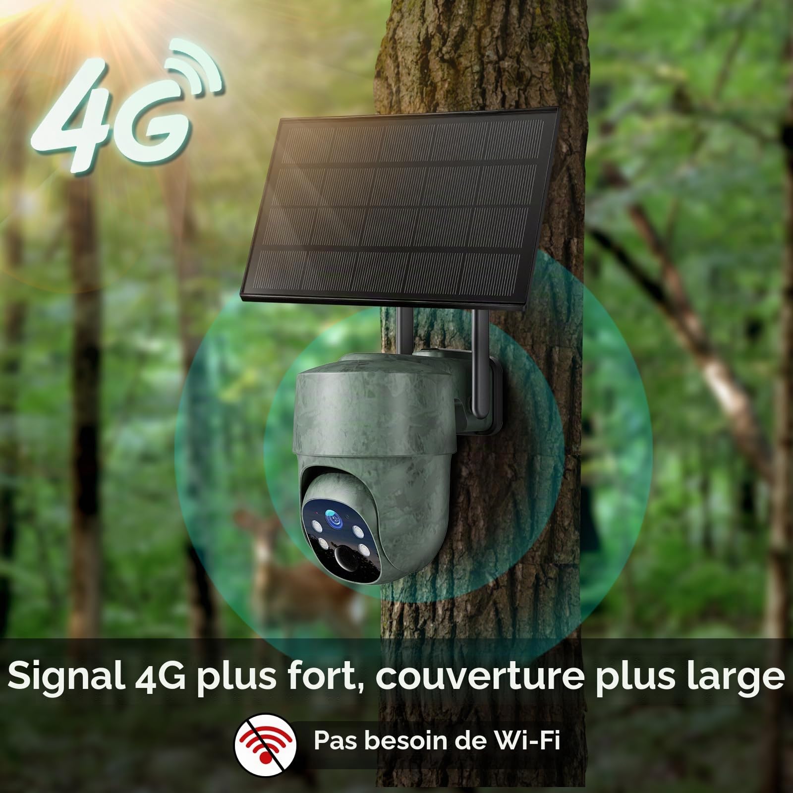 WOLFANG 4G LTE Caméra Surveillance Solaire Extérieure sans Fil, 2.5K Caméra de Chasse avec SIM Préinstallé, Caméra Surveillance Extérieur avec Détection de Mouvement, Vision Nocturne Couleur, 360° PTZ