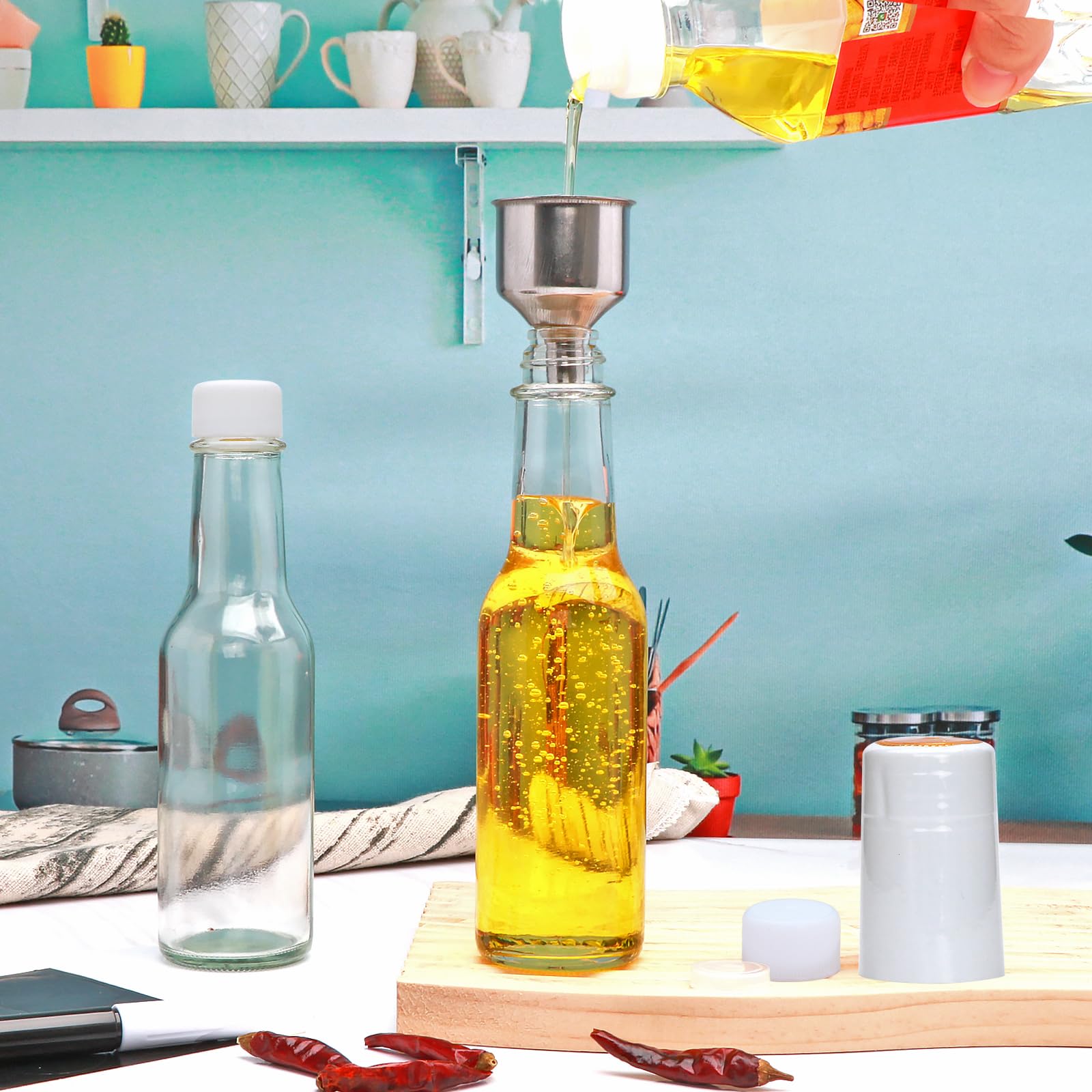 Bottiglia per salsa piccante da 141,7 ml, bottiglia in vetro con coperchio bianco, coperchio a vite a prova di perdite, confezione da 35, per olio, vodka, salsa, ketchup, tabasco, miele,