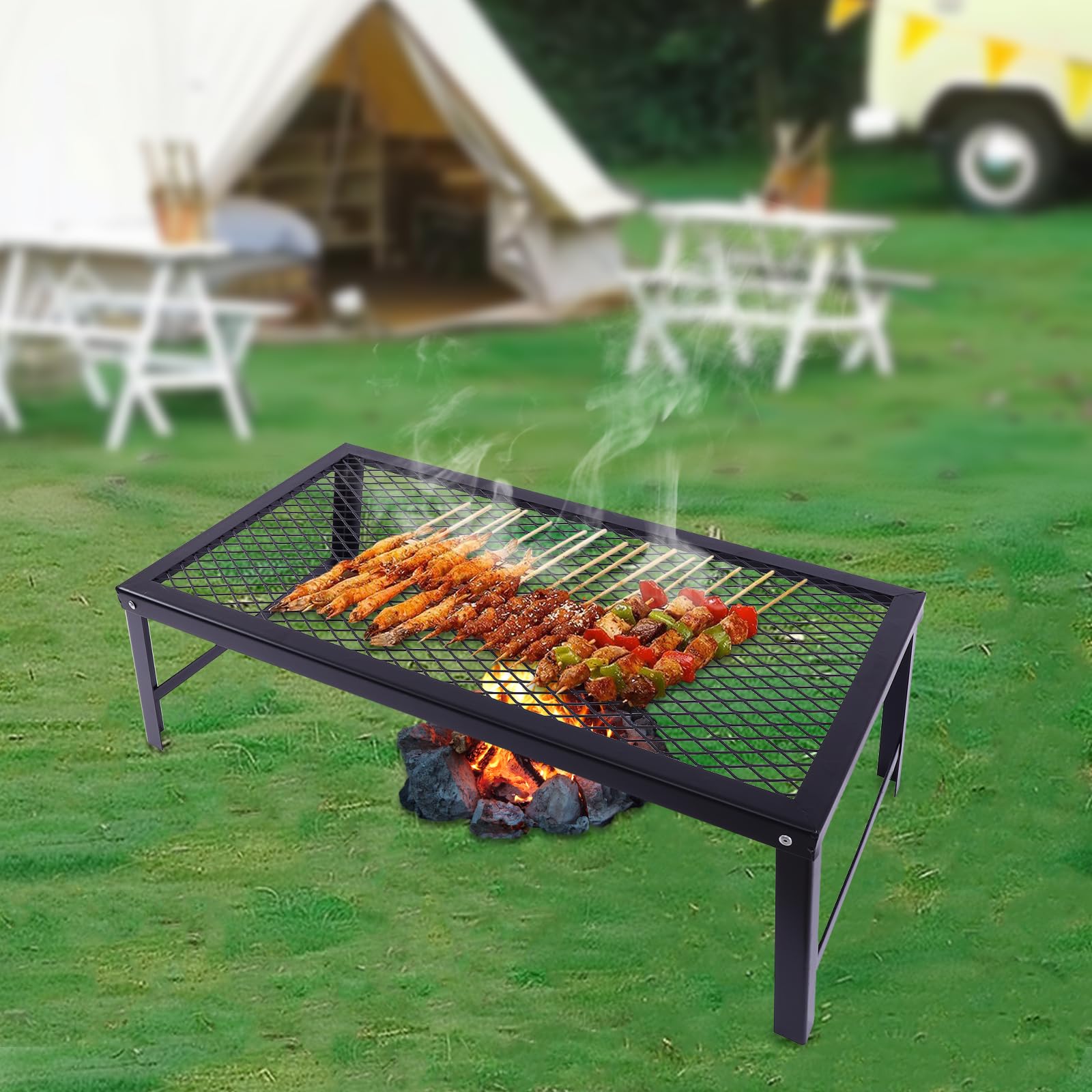 Folding Campfire Grill, Heavy Duty Steel Mesh Grate, Portable Camping Grates with Folding Legs, Over Fire Pit Grill Rack for Outdoor Campfire Cooking