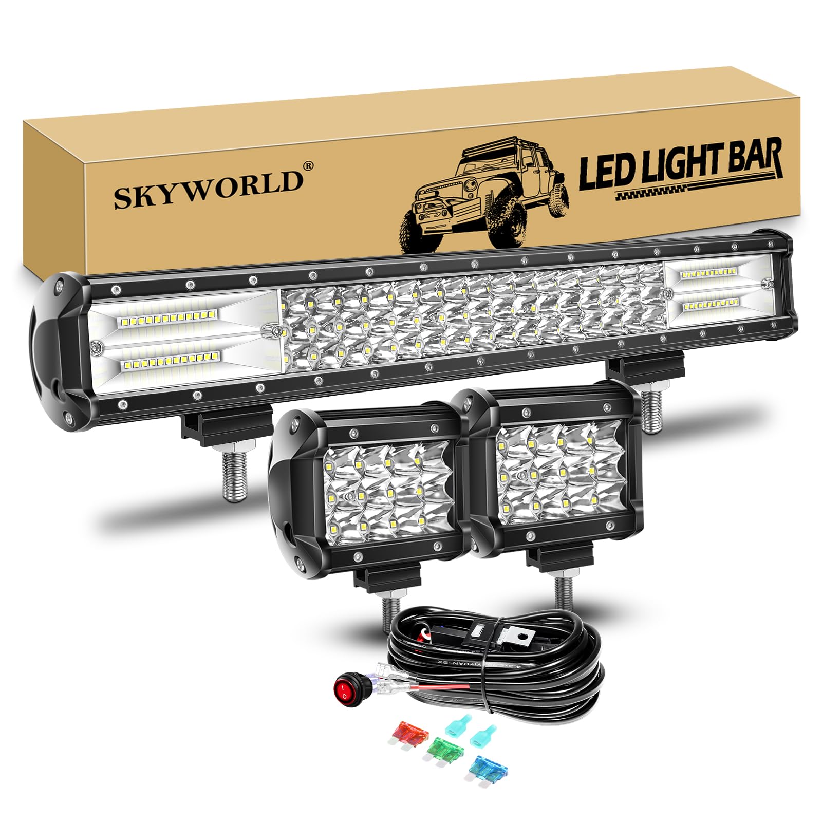SKYWORLD Lightbar Auto 20 Zoll 51 cm mit 12V Kabelbaum, Led Arbeitslicht | 288W Lichtbalken mit Kippschalter Kabelbaum, 2 x 4 Zoll 10 cm 36W LED Scheinwerfer für Traktor LKW ATV SUV 4x4 Boot Fahrzeuge