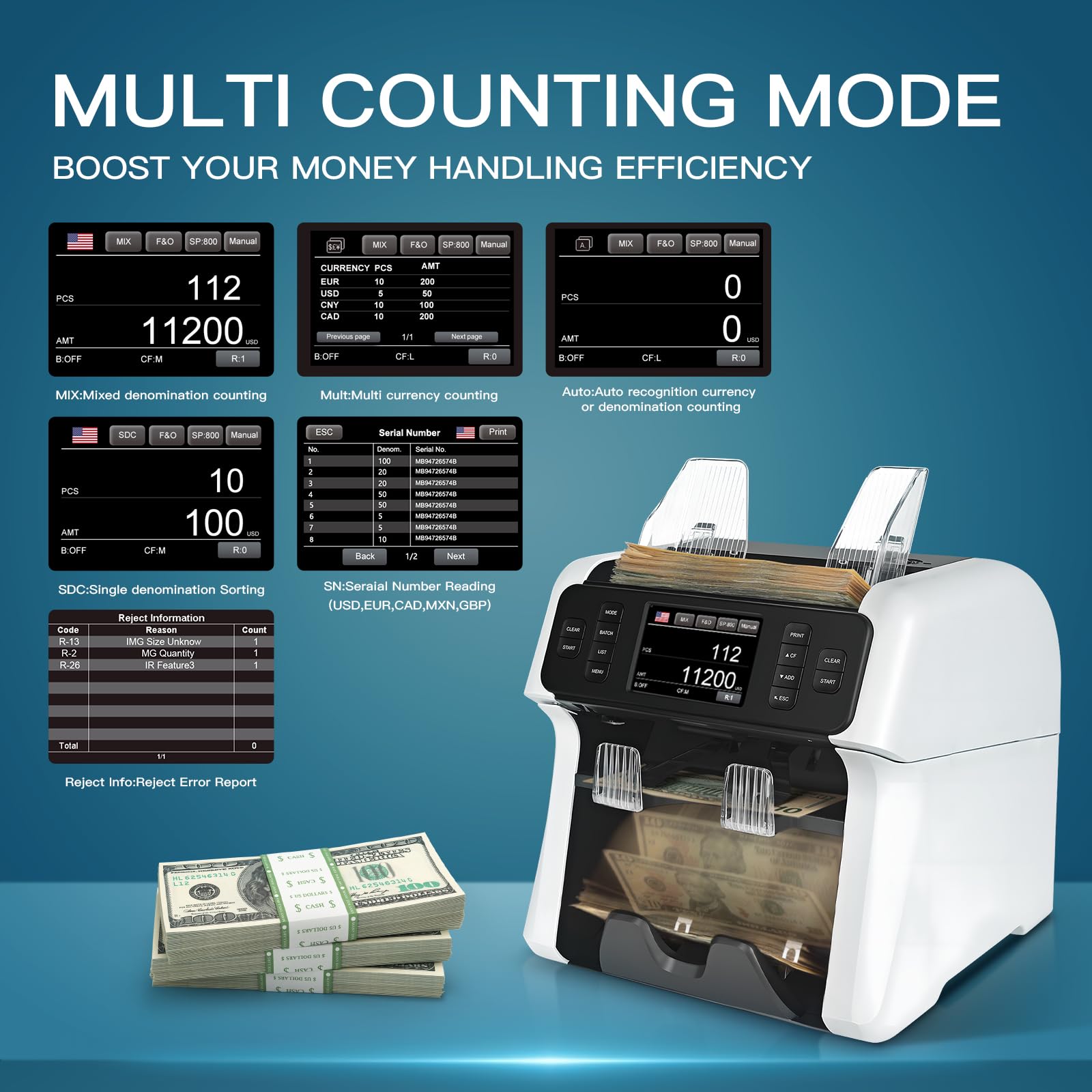 NUCOUN VS-75 Bill Counter Machine Mixed Denomination,Money Counter Machine  with Reject Pocket,Counterfeit Detection 2 CIS/UV/MG/IR,Multi Currency Bill  Sorter,Value Count,Serial Number Read,Print&Sort : Buy Online at Best Price  in KSA - Souq is