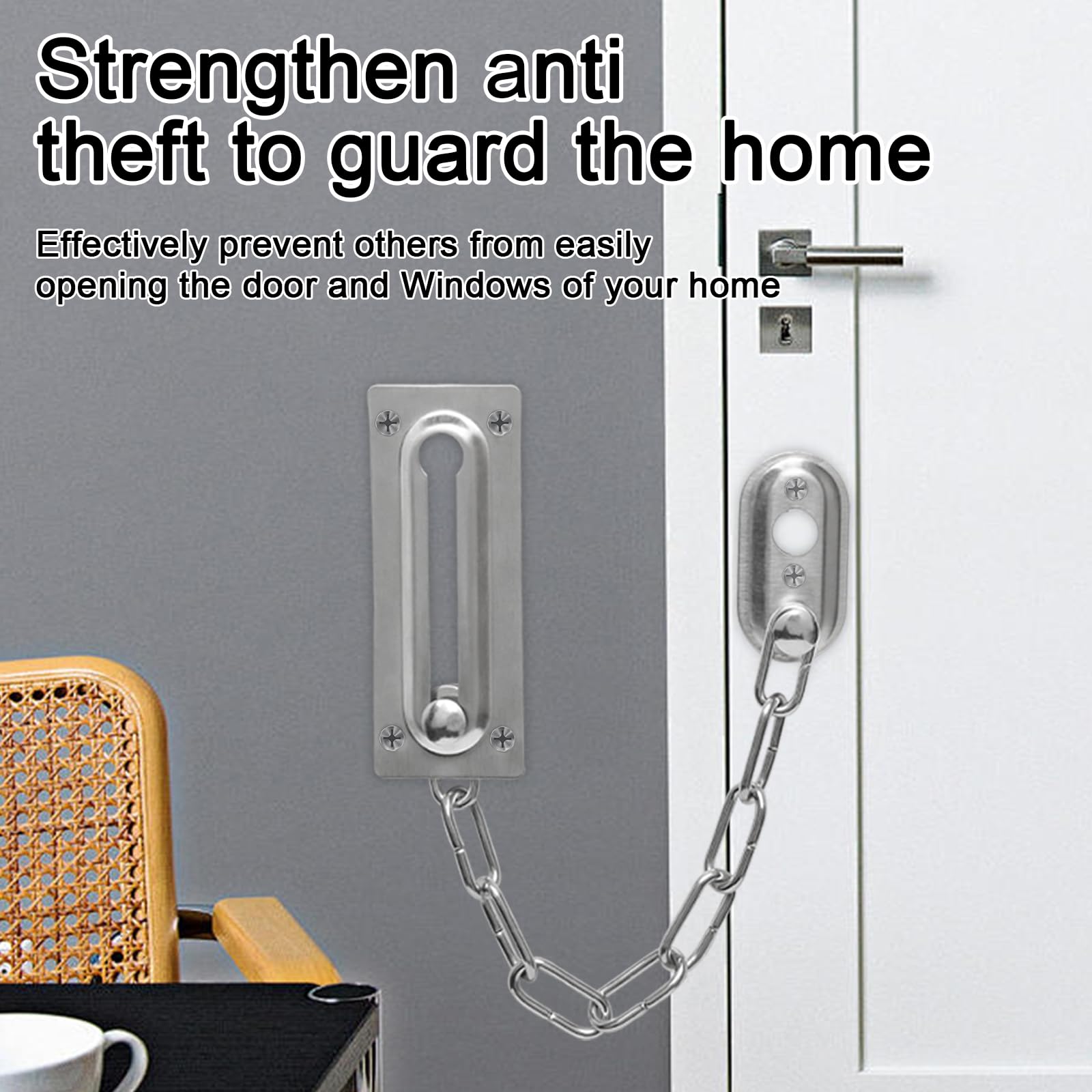 4 serrature a catena in acciaio inox, per porte anteriori, resistente, antifurto, limitatore interno per porte, balconi, residenze, camere da letto, armadi, finestre, motel, argento