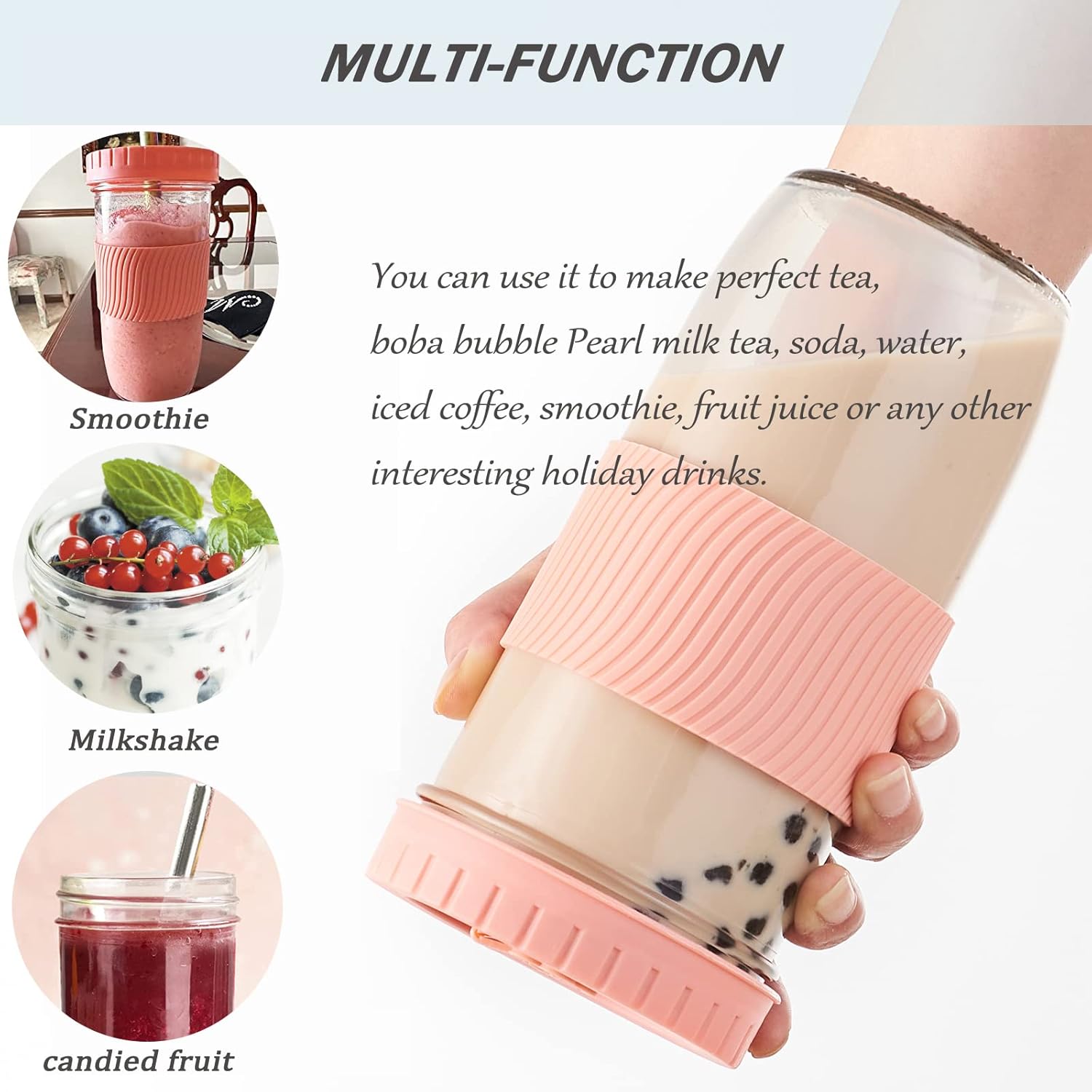 2 Pack Reusable Boba Cup, 24Oz Wide Mouth Smoothie Cup,mason Jar Glass Cups with Lids and Straws,Bubble/Boba Tea Cups,Ice Coffee Tumbler 2 colored straws 1 sponge brush(Pink) - Image 3