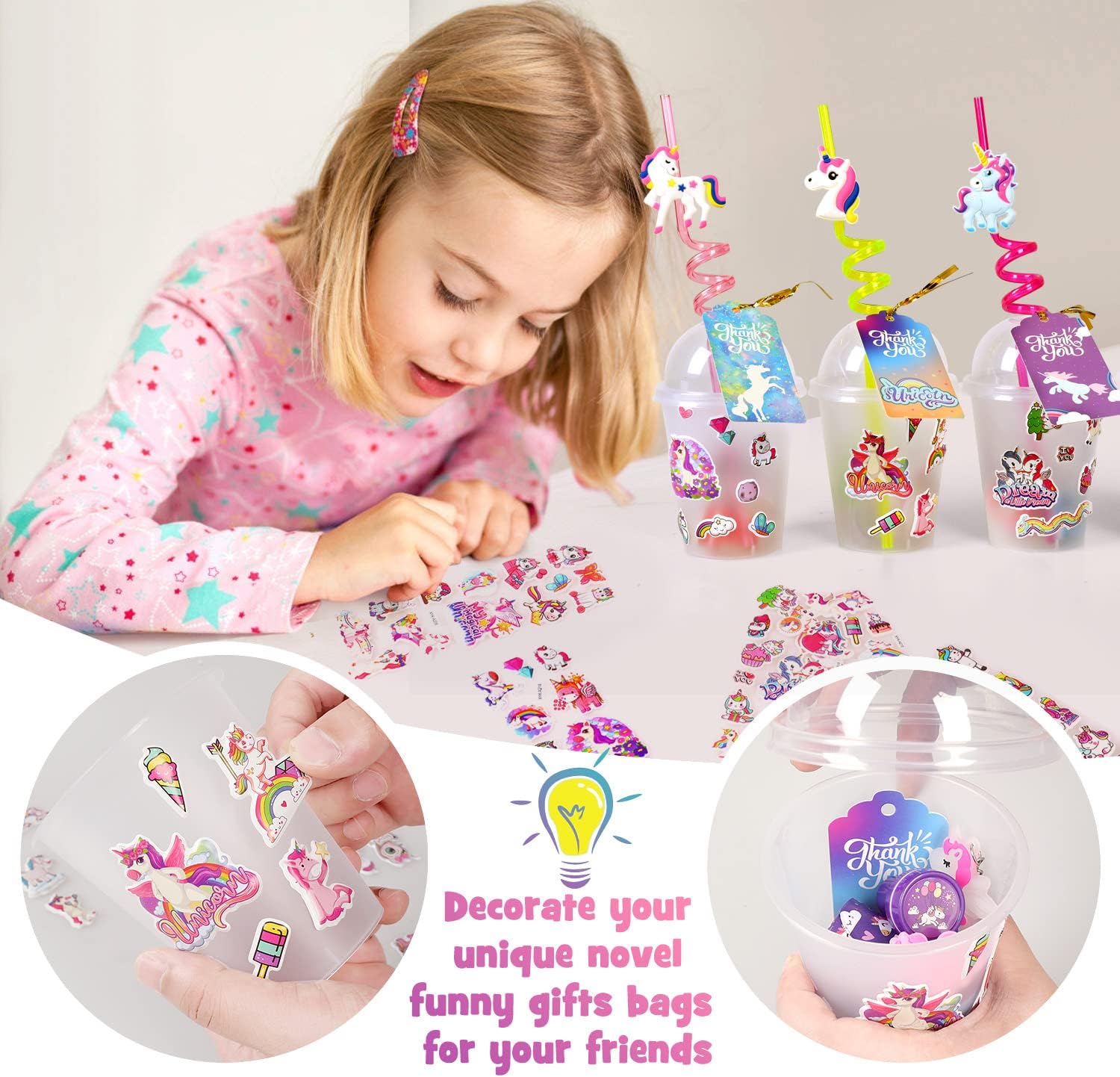 MOVINPE Unicorn Party Favors Personalize Goody Cups with Gift Tags, Filled with Unicorn Themed Reusable Straws Stampers Luminous Keychains Slap Bracelets Hair Clips Rings 3D Stickers