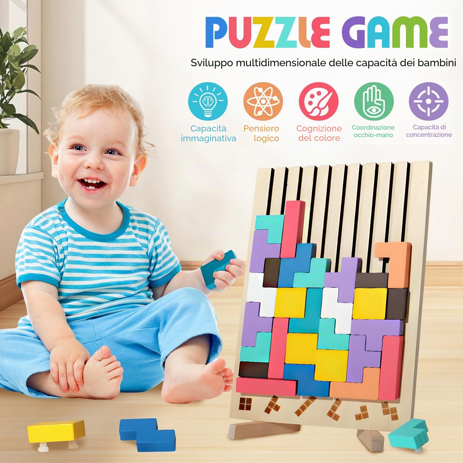 Tetris Gioco per Bambini con Borsa,Puzzle di Legno Tetris Giocattolo Montessori,Cervello Giocattoli, Intelligenza Jigsaw Rompicapo, Regali Educativi per Bambini