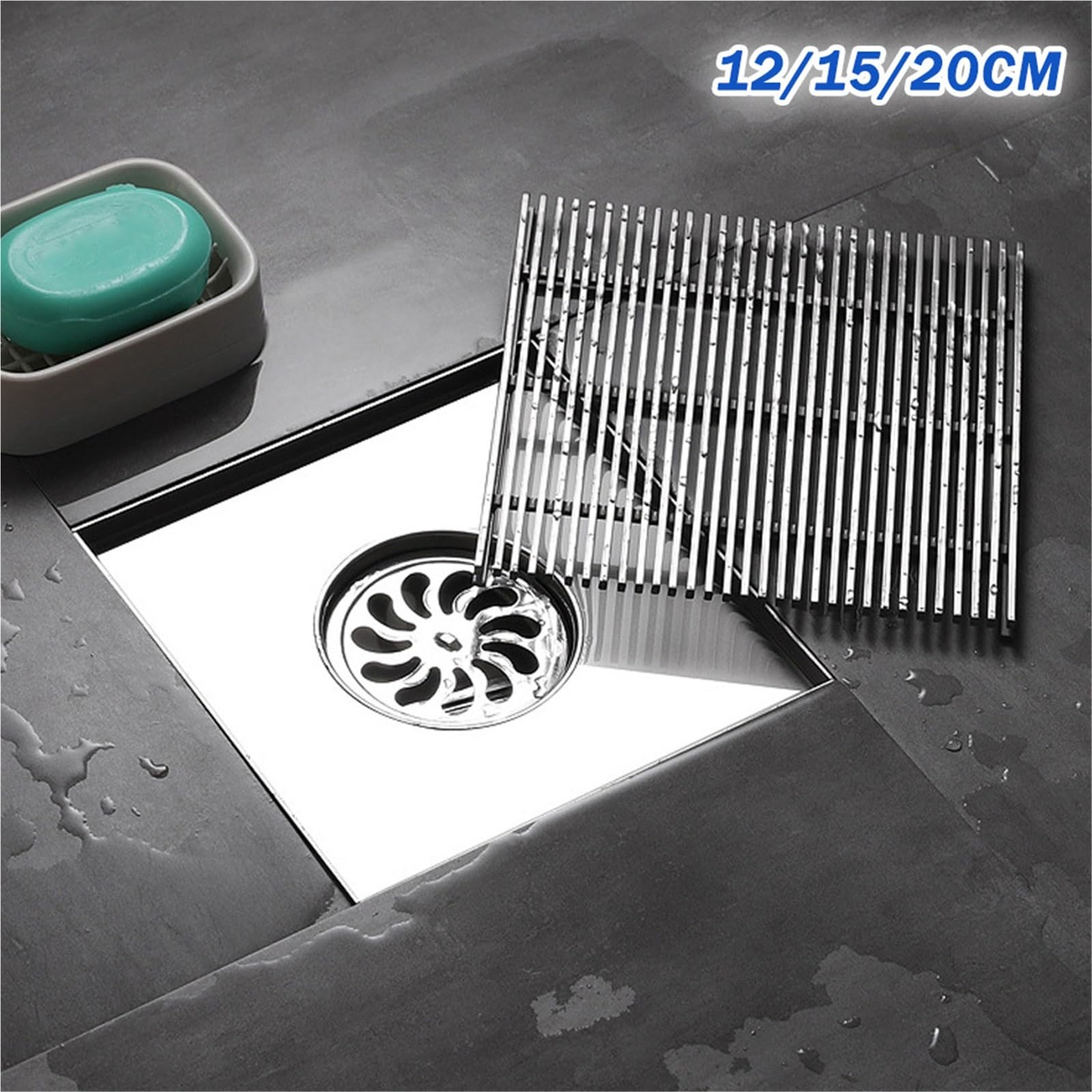 Sumidero Ducha Desagüe de Suelo Cuadrado Acero Inoxidable 304, Cubierta Drenaje Ducha baño con Rayas sólidas cepilladas, 12/15/20cm para Cocina baño(Black 12cm)