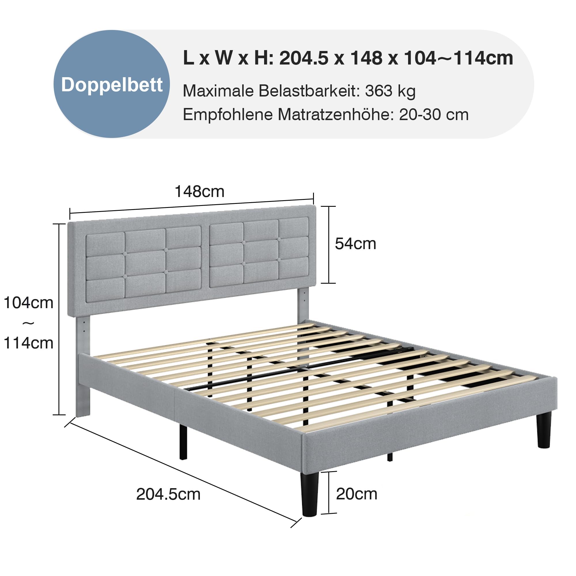 VECELO Polsterbett 140 x 200 cm, Doppelbett mit Höhenverstellbarem Kopfteil, Bett Bettrahmen mit Lattenrost, Gepolstertes Bettgestell Jugendbett für Schlafzimmer Gästezimmer, Hellgrau