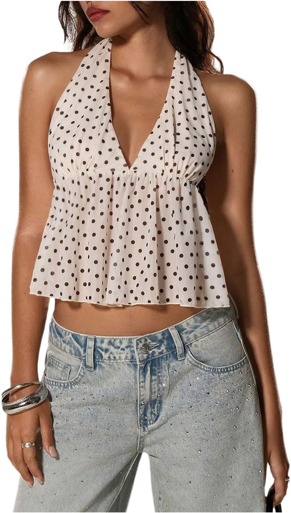 Women's Polka Dots Deep V Halter Neck Tops Tie Backless Flared Ruffled Vintage Crop Top