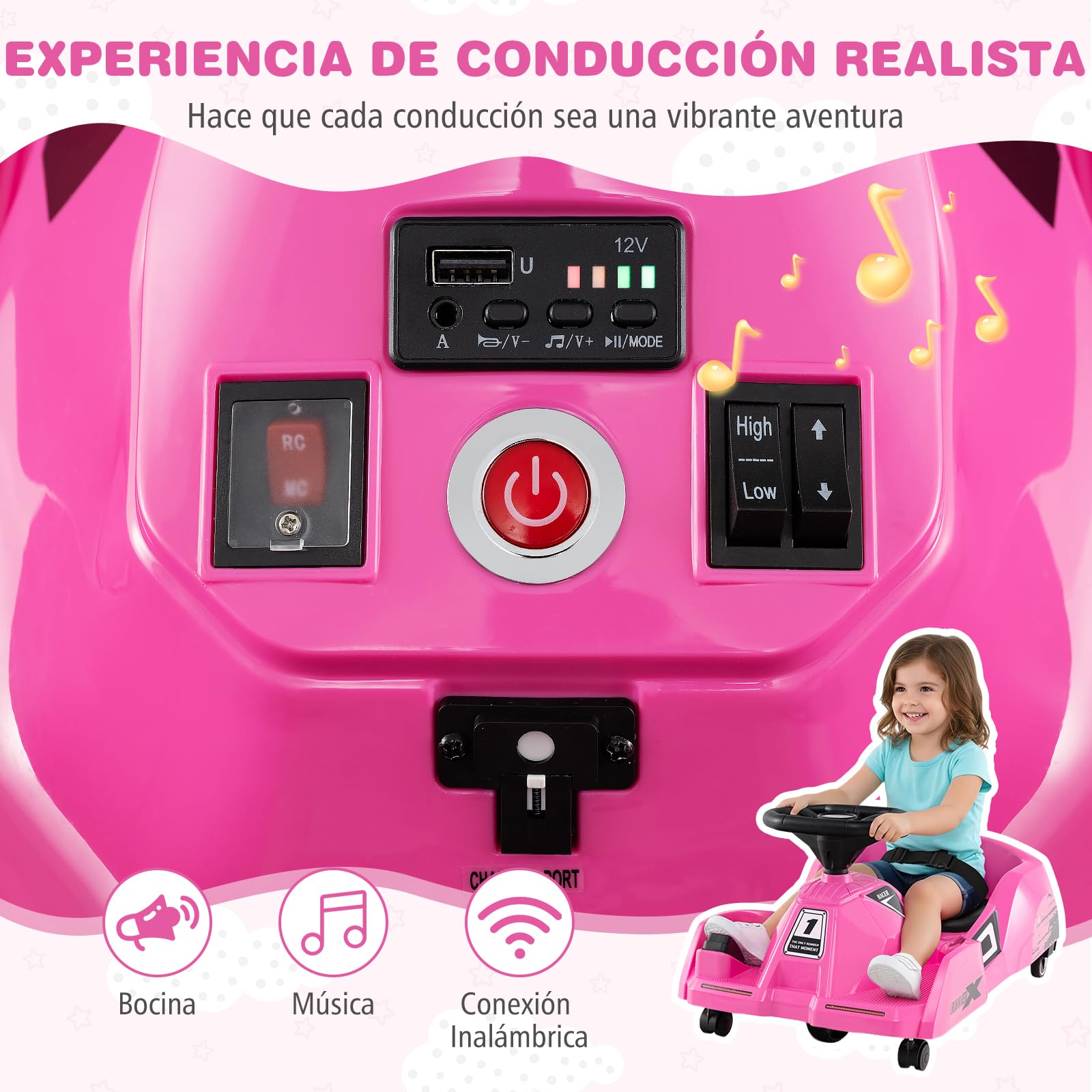 GOPLUS Go Kart Coche Eléctrico 12V Infantil, Kart Eléctrico con Pedal, Fregona Desmontable, Control Remoto, Conexión Inalámbrica, Música, 3 Velocidades, Coche de Juguete para Niños de 2-5 Años (Rosa)