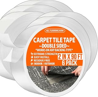 Carpet Tile Tape Double Sided 2in x 90ft (Bulk 6 Pack) Heavy Duty Reinforced Web Mesh Residue Free Indoor Outdoor for Carpet Tiles, Hardwood, Vinyl, Rugs, Carpet, Rubber & Mat Gripper